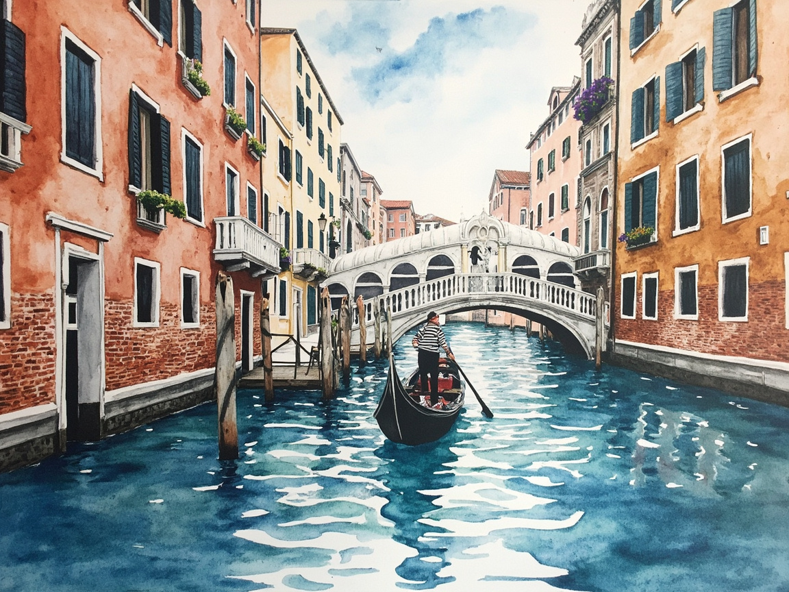 画面中呈现了一幅水彩画风格的威尼斯运河景观。运河两侧矗立着橙红、明黄和淡粉色的古老建筑，窗台装饰着绿植。画面中心，一名身穿黑白条纹衫的贡多拉船夫正划着黑色小船向远方的白色石拱桥驶去。水面呈现深蓝色，带有白色波纹，倒映着建筑的轮廓。天空淡蓝，云层稀疏。

作为一张 AI 生成的图片，画面存在几处明显的逻辑缺陷：首先，画面中央的船夫虽然手持长桨，但桨的末端并没有没入水中，而是悬浮在水面上方，且其持桨姿势与船的行进方向不符。其次，远处的白色拱桥结构异常，桥面上的立柱分布不均，且桥洞的透视关系显得扭曲。此外，左侧建筑底部的砖墙纹理过于机械重复，缺乏水彩画应有的自然随机感，部分窗户的形状也略显歪斜，不符合真实的建筑透视。