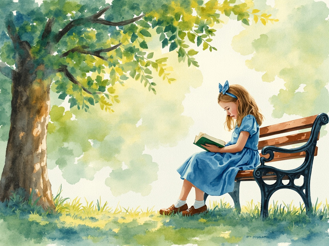 图中是一幅清新柔和的水彩画，描绘了一个宁静的午后场景。画面左侧是一棵粗壮的大树，繁茂的绿叶在阳光照射下呈现出深绿与明黄交织的色调，树荫遮蔽了部分草地。一名留着棕色长发、头戴蓝色蝴蝶结的小女孩坐在画面右侧的长椅上，她身穿一件天蓝色的连衣裙，正低头专心地阅读手中一本绿色封面的书。长椅由木条和黑色铁艺支架组成，背景是晕染开的淡绿色和米黄色色块，营造出一种梦幻的森林氛围。在 AI 生成的细节方面，存在一些明显的逻辑缺陷：小女孩左手握书的姿势显得模糊且手指轮廓不清晰；她坐着的长椅结构异常，长椅的靠背与坐垫在右侧连接处显得生硬，且长椅下方多出了一根没有支撑点的黑色细腿；此外，女孩右脚的鞋子形状略显扭曲，与左脚不够对称。整体构图平衡，色彩明亮，传递出一种宁静好学的气息。