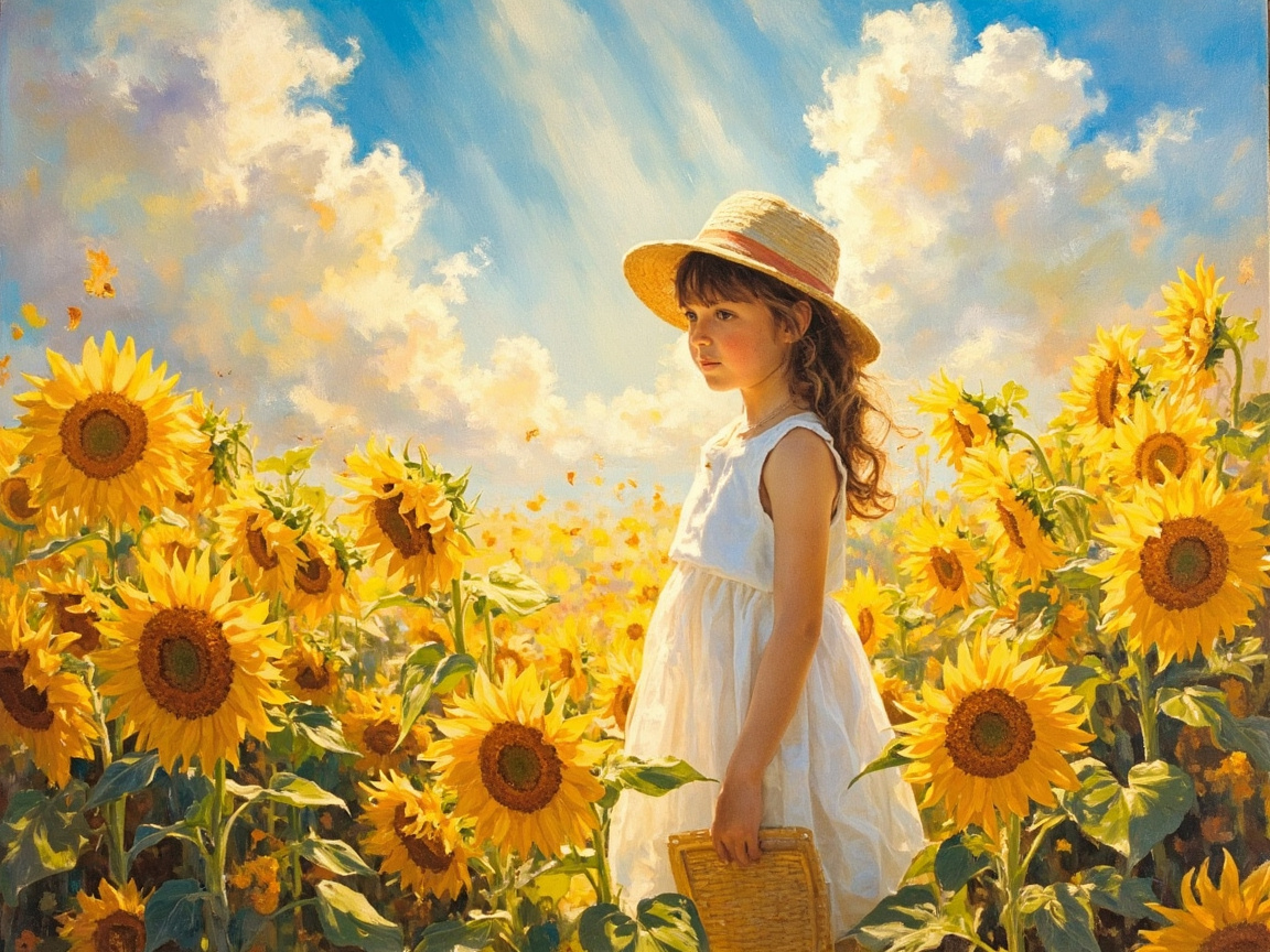 图中展现了一幅充满阳光气息的油画风格场景。画面中心是一位约七八岁的小女孩，她有着棕色卷发，头戴一顶精致的草帽，身穿纯白色的无袖连衣裙，侧身站在一片繁茂的向日葵花海中。背景是明亮的蓝天，点缀着如棉花糖般蓬松的白云，金色的阳光从上方洒下，使整个画面笼罩在温暖的黄调中。向日葵花朵硕大且色彩鲜艳，错落有致地分布在女孩周围。

在 AI 生成的细节方面，存在一些明显的逻辑缺陷：女孩右手提着的篮子手柄与手部的连接方式模糊不清，手指的线条显得生硬且结构不完整。此外，背景中部分向日葵的花瓣与叶片边缘出现了不自然的融合，远处的云朵纹理带有明显的数字涂抹感，缺乏真实油画的笔触厚度。尽管如此，画面的构图平衡，成功营造出了一种宁静、美好的夏日田园氛围。