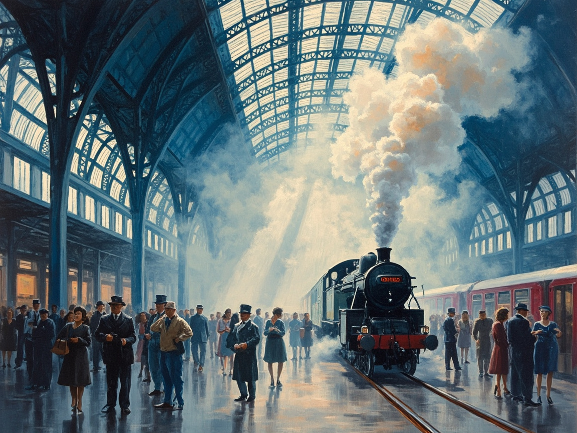 画面中描绘了一个宏伟的 19 世纪风格火车站台，呈现出一种古典油画般的质感。场景中心是一辆黑色的蒸汽火车，正喷出巨大的、带有暖橘色光泽的白色烟雾，烟雾直冲向高大且透光的拱形玻璃屋顶。阳光穿透玻璃，形成几道清晰的丁达尔效应光柱。站台上聚集着许多穿着维多利亚时代或 20 世纪初服饰的乘客，男士多戴着高礼帽或西装，女士则穿着长裙。色调以深蓝色的建筑结构与暖白色的烟雾形成冷暖对比，营造出一种繁忙而怀旧的旅途氛围。

在 AI 生成的细节方面存在一些明显的缺陷：画面前方的铁轨在延伸过程中显得扭曲且不平行，缺乏真实的透视逻辑；火车头上的红色文字模糊不清，无法辨认；部分远景人物的身影与背景烟雾融合得过于生硬，且有些人物的肢体轮廓模糊，缺乏清晰的结构。此外，站台地面的反光虽然增加了氛围感，但与人物投影的方向略显不一致。