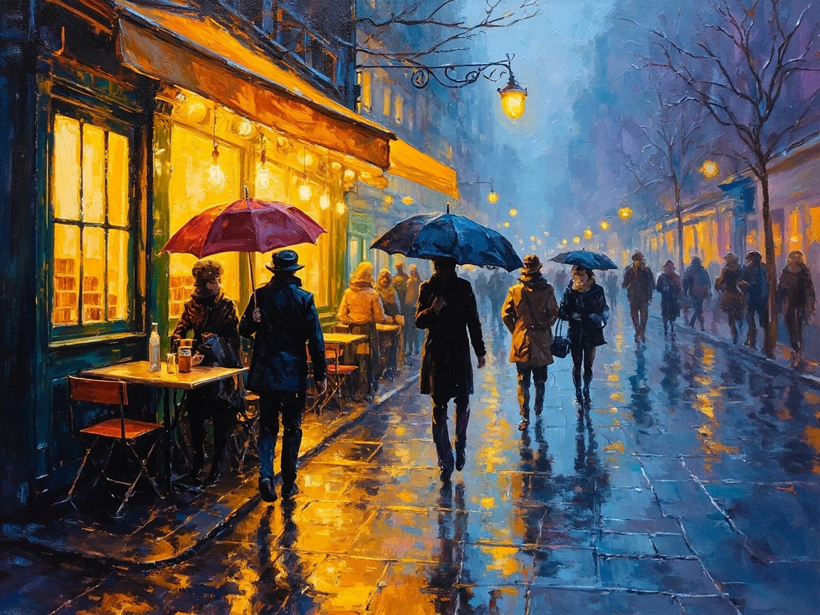画面中呈现了一幅具有印象派油画风格的雨夜街景。左侧是一家灯火通明的咖啡馆，散发出温暖的橘黄色光芒，与右侧街道冷调的蓝紫色形成鲜明对比。地面湿漉漉的，倒映着路灯和店铺的亮光。许多行人撑着伞或穿着大衣在街上行走，其中最显眼的是近处一名撑着红伞的男士和一名撑着黑伞的女士。笔触厚重且富有质感，营造出一种浪漫而略显忧郁的都市氛围。在 AI 生成的细节方面，存在一些明显的逻辑缺陷：画面左侧红伞下的男士，其右手握伞的姿势与伞柄的位置衔接不自然，伞柄似乎凭空消失或与背景融合；中景处的部分行人身形模糊，腿部线条与地面投影的连接显得生硬；此外，左前方桌子旁的椅子腿部线条杂乱，缺乏合理的透视结构。