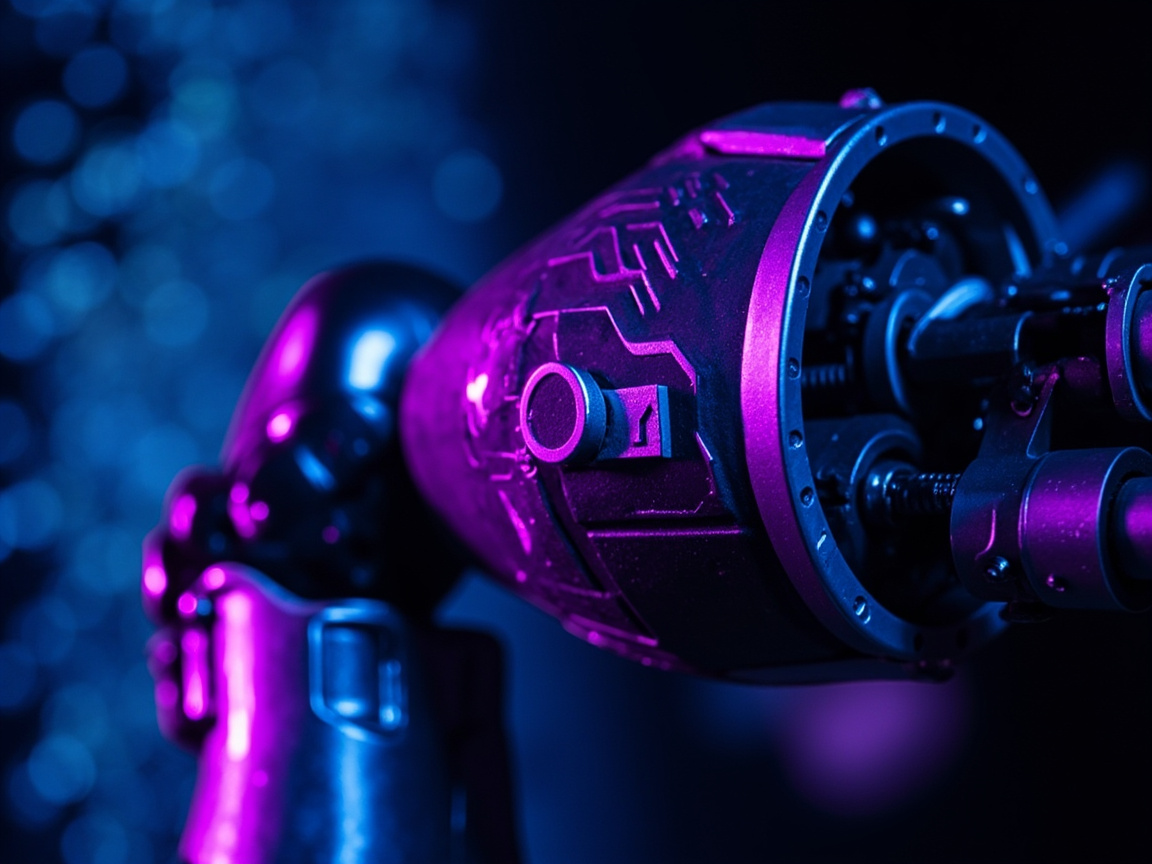 图中展示了一个充满科幻感的机械手臂局部特写，背景是深邃的黑色，点缀着虚化的蓝色光斑。画面构图以横向为主，视觉焦点集中在机械臂的肘部或关节连接处。该机械装置呈现出深灰色的金属质感，表面刻有复杂的电路纹理。光影效果非常鲜明，左侧投射来强烈的紫色和蓝色霓虹灯光，勾勒出金属的边缘轮廓，营造出一种赛博朋克的氛围。机械臂的末端露出了内部的精密结构，包括齿轮、轴承和细小的管线。在 AI 生成的细节方面，存在明显的逻辑缺陷：右侧露出的内部机械结构显得杂乱且不符合实际工程力学，零件之间的衔接较为模糊，缺乏明确的功能性指向；左侧类似手部的阴影区域结构扭曲，无法辨认具体的指节或关节形态，呈现出一种无序的堆叠感。