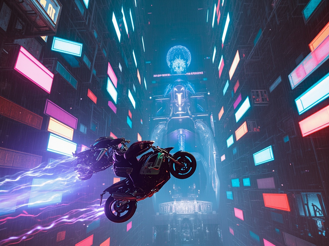 图中展现了一个充满赛博朋克风格的未来主义都市深渊。画面采用纵向构图，两侧是密密麻麻、向上无限延伸的建筑外墙，墙上挂满了发着粉色、青色和橙色光芒的矩形霓虹灯牌。在画面的中心位置，一名骑手正驾驶着一辆黑色的重型摩托车在空中俯冲，车尾拖曳着炫目的蓝色和紫色流光，营造出极速运动的视觉感。远景处是一个巨大的、散发着幽蓝色光芒的机械结构或神像，顶端有一个球形的发光体。

画面中存在明显的 AI 生成缺陷：首先是空间逻辑混乱，摩托车骑手似乎悬浮在半空，且其身后紧跟着一个模糊的、结构不完整的第二辆摩托车残影，两者重叠方式极不自然。其次，摩托车骑手的身体结构模糊，手部与车把的连接处细节缺失。此外，背景建筑上的霓虹灯牌虽然色彩鲜艳，但其上的文字均为无法辨认的乱码，且部分灯牌的透视角度与建筑墙面不符，显得有些漂浮。