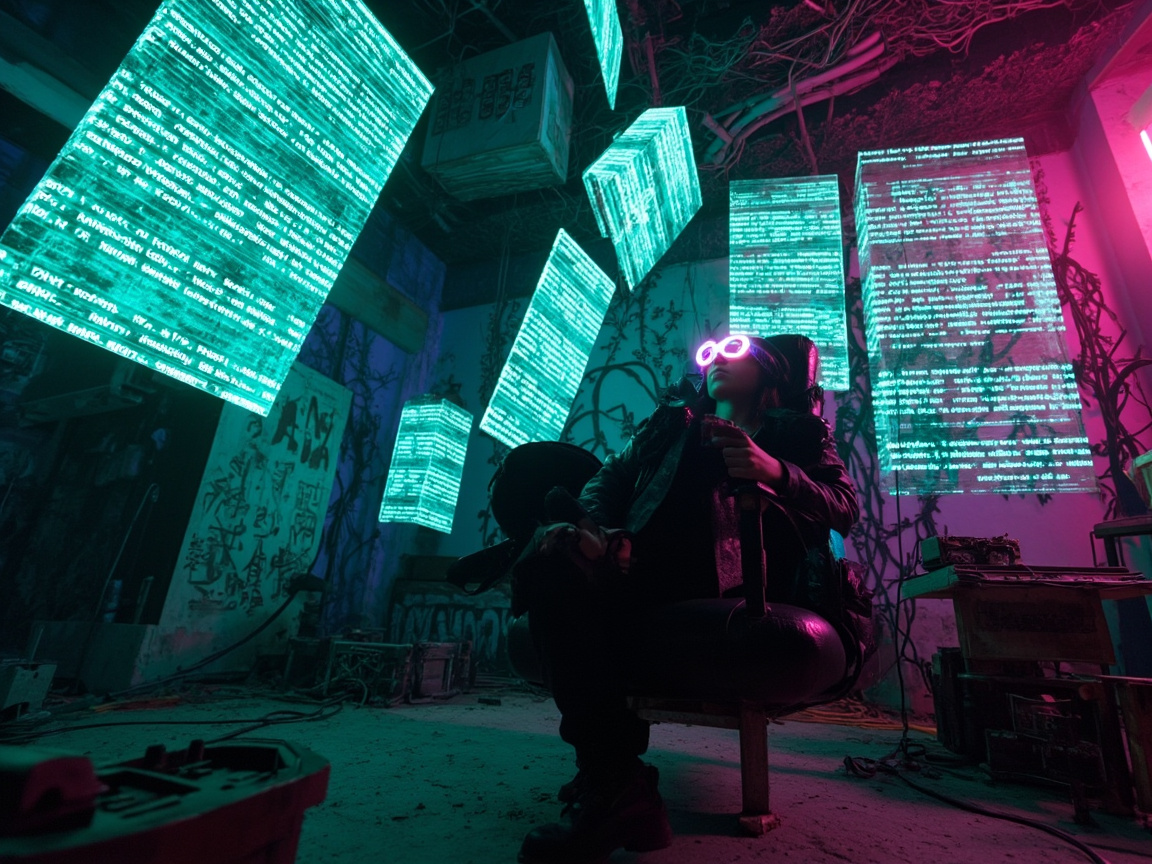 图中展现了一个充满赛博朋克风格的室内场景。一名身穿黑色皮夹克的年轻人坐在画面中央的黑色转椅上，脸上戴着一副发着粉紫色强光的发光眼镜，正抬头仰望。房间环境昏暗且杂乱，墙壁布满涂鸦和缠绕的电线。最引人注目的是空中悬浮着许多半透明的青绿色全息屏幕，上面布满了密密麻麻的类似代码的字符，营造出一种沉浸在虚拟数据世界中的氛围。画面色彩对比强烈，左侧以冷调的青绿色为主，右侧则被粉红色的霓虹灯光渲染。

在 AI 生成的细节方面，存在明显的逻辑缺陷：悬浮屏幕上的字符并非真实的文字或代码，而是杂乱无章的乱码。人物右手握持的物体形状模糊，与手指的连接处显得生硬且不符合人体构造。此外，背景中电线与植物藤蔓的交织方式显得杂乱且缺乏物理真实感，部分悬浮屏幕的透视角度与整体空间略有偏差，显示出 AI 在处理复杂空间几何关系时的局限。
