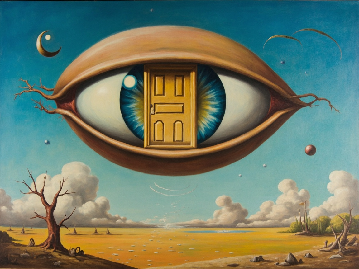 图中展现了一幅超现实主义风格的画作。画面中央悬浮着一只巨大的、肉粉色的眼睛，其眼角延伸出枯木般的枝条。最引人注目的是，眼球的瞳孔位置被一扇紧闭的金黄色木门所取代，门上有精致的矩形凹槽装饰。背景是广阔的黄色荒漠和淡蓝色的天空，天空中漂浮着几朵白云、一弯月亮以及一些类似星球或气泡的小圆球。左下角有一棵枯萎的红褐色树木。整幅画色彩明亮但氛围诡谲，构图呈中心对称。作为 AI 生成的图像，画面存在一些逻辑和细节上的瑕疵：右侧天空中的弧线元素显得突兀且缺乏物理逻辑；地平线处的云朵与地面的衔接过于生硬，缺乏自然的透视过渡；此外，眼睛边缘延伸出的枯枝纹理在细节上略显模糊，与整体写实风格不完全协调。