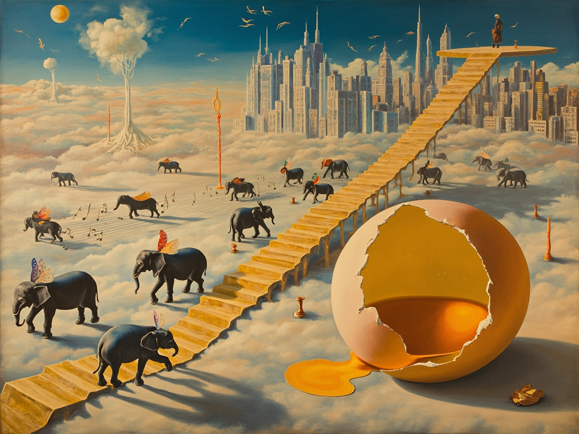 画面中呈现了一个充满超现实主义色彩的梦幻场景，融合了达利风格的荒诞与奇幻。在淡蓝色的天空下，厚重的云海铺满了大地，远方漂浮着一座现代化的摩天大楼城市。画面右侧，一个巨大的破碎蛋壳占据了前景，金黄色的蛋液流淌在云端。一条长长的黄色阶梯从左下角斜向上延伸，直达云端之上的平台，平台上站着一个微小的人物。云海中散布着许多背负蝴蝶翅膀的小象，它们正沿着五线谱般的线条行走。整体色调以暖黄、橘红与深蓝为主，构图深邃且富有想象力。

作为 AI 生成的图像，画面存在明显的逻辑与结构缺陷：阶梯的支撑结构在云雾中显得支离破碎，缺乏物理支撑感；远处的摩天大楼群细节模糊且排列过于密集，显得生硬；部分大象的腿部与云层融合不自然，且背后的翅膀结构模糊，缺乏生物质感。此外，天空中飞翔的生物形态扭曲，难以辨认具体物种。