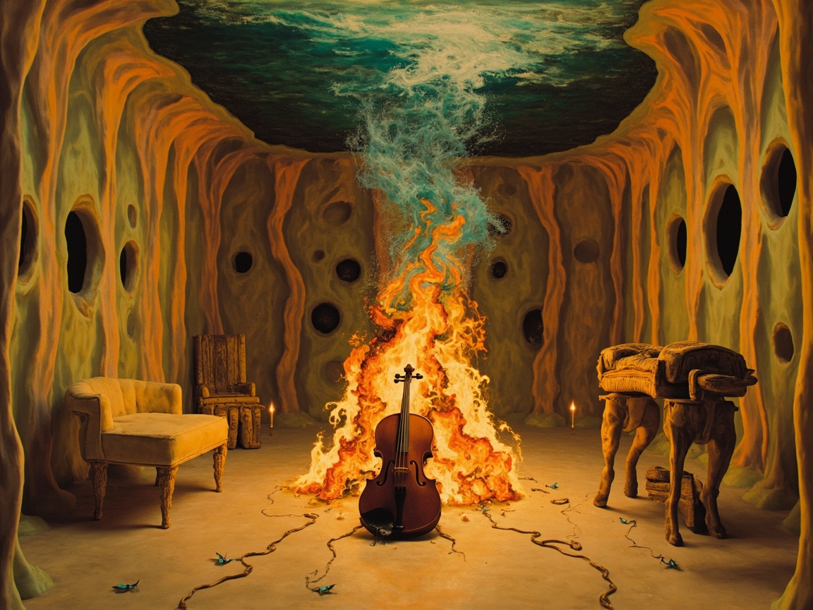 图中展示了一个充满超现实主义色彩的室内空间，仿佛置身于一个由黄色和橙色岩石构成的洞穴。画面中央，一把深棕色的大提琴直立在熊熊燃烧的橙红色烈火前，火焰向上蔓延，奇幻地转化为青蓝色的烟雾或水流，并与天花板上深邃的海洋景观相连。房间两侧摆放着形态怪异的家具：左侧是一张淡黄色的软垫单人沙发和一把木质高背椅；右侧是一个长着类似生物肢体、形态扭曲的木质长凳。墙壁上布满了深浅不一的圆形黑洞，地面上散落着细长的藤蔓和蓝色的小碎片。

在 AI 生成的细节方面，画面存在明显的逻辑与透视缺陷：大提琴的琴弦和琴头结构模糊且不完整，底部似乎与地面融为了一体；右侧长凳的支撑腿形态极其怪异，缺乏合理的物理支撑感；天花板上的海洋边缘与墙壁的交界处过渡生硬，透视关系显得扭曲且不自然。整体光影虽然营造了神秘氛围，但光源方向与物体阴影的逻辑并不完全一致。