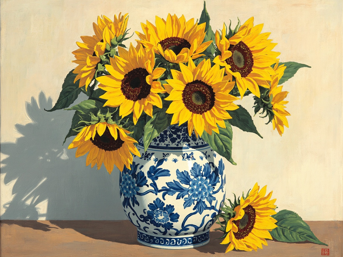 图中展示了一幅模拟油画风格的静物画。画面中心是一个圆润的青花瓷瓶，瓶身布满了深蓝色的缠枝牡丹纹样，瓶内插着一大束盛开的向日葵。这些向日葵花瓣金黄灿烂，花心呈深褐色，绿色的叶片穿插其间。背景是柔和的米白色墙面，左侧投射出花束清晰的阴影，右下方还有一朵散落的向日葵静静躺在棕色的桌面上。整幅画色彩明亮，对比鲜明，给人一种温馨而充满生命力的感觉。

然而，作为一张 AI 生成的图片，画面中存在一些逻辑缺陷。最明显的异常在于花瓶右侧那朵散落的向日葵，它看起来像是直接“贴”在花瓶边缘和桌面上的，缺乏自然的物理支撑感。此外，花瓶口部的透视略显生硬，部分花茎与瓶口的衔接不够自然，仿佛花朵是悬浮在瓶口上方。右下角还出现了一个模糊的红色印章样式的色块，其纹理并不清晰，属于典型的 AI 模拟笔触痕迹。
