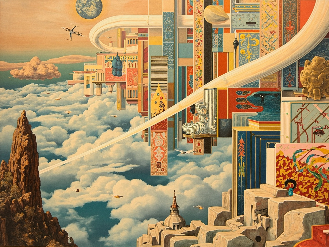图中展现了一个充满超现实主义色彩的空中奇幻城市。画面构图宏大，左侧是陡峭的褐色山峰，右侧则是由无数色彩斑斓、带有异域花纹的矩形板块堆叠而成的悬浮建筑。这些建筑表面布满了类似波斯地毯或古代壁画的复杂纹样，色调涵盖了宝蓝、砖红、金黄和青绿色。一条巨大的白色半透明管道像过山车轨道一样穿梭在建筑群中，背景是波涛汹涌的白色云海和一颗巨大的类地行星。画面整体呈现出一种复古插画的质感，光线柔和。

在 AI 生成的细节方面，画面存在明显的逻辑与结构缺陷：右侧建筑的透视关系非常混乱，板块之间的衔接违背物理常识，呈现出一种无序的拼贴感；画面中飞行的物体形状模糊，难以辨认是飞船还是生物；白色管道在穿过建筑时，其阴影和遮挡关系处理得不够自然，部分线条出现了断裂或异常的扭曲。此外，画面右下角的岩石结构纹理重复且缺乏明确的几何逻辑。