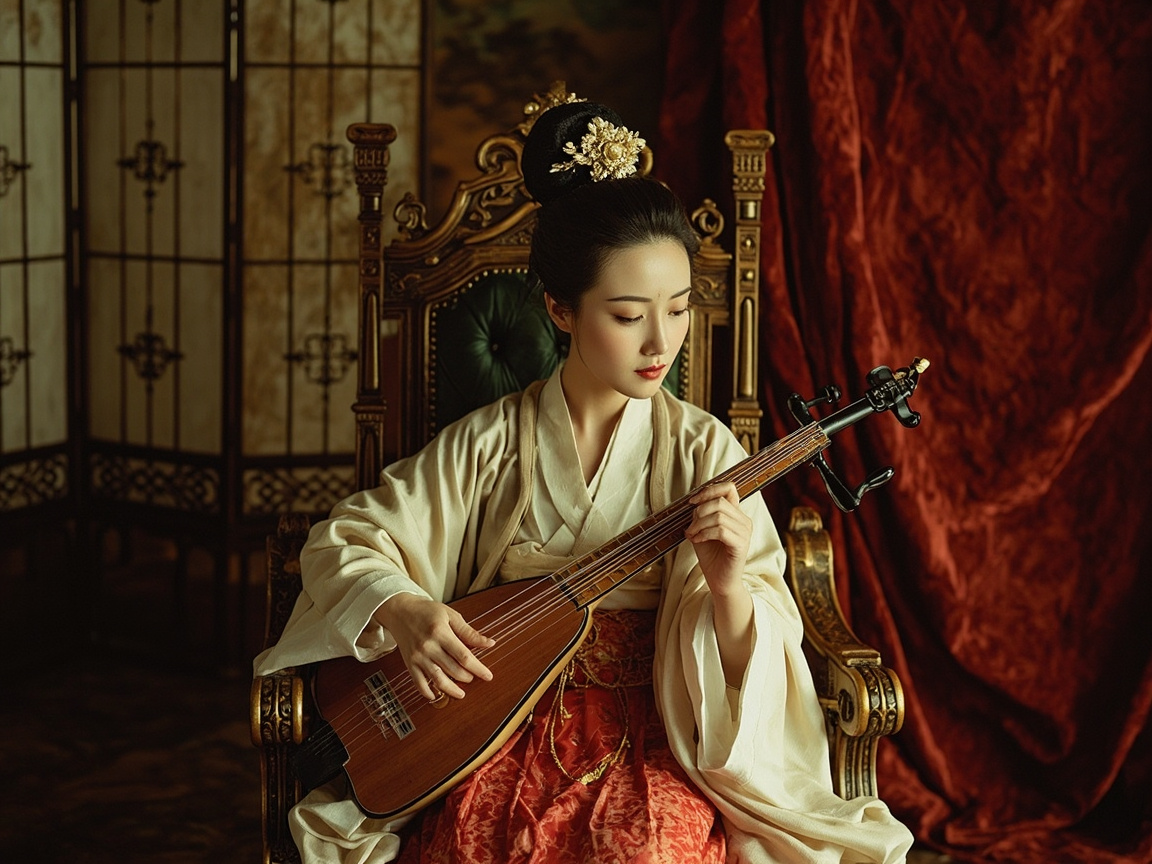 图中展示了一位身着中国传统服饰的年轻女子，正坐在一把雕花精美的欧式风格木椅上弹奏乐器。她盘着高高的发髻，佩戴金色花朵发饰，妆容精致，神情专注地低头看向手中的乐器。她穿着米白色的交领宽袖上衣，下身是红色的刺绣长裙。背景左侧是一扇中式木质屏风，右侧则垂挂着深红色的丝绒幕布，整体色调呈现出温暖而沉稳的古风氛围。

然而，画面中存在明显的 AI 生成缺陷：最显著的是女子手中的乐器，它融合了琵琶与吉他的特征，结构极不合理，琴头部分连接着杂乱且不符合逻辑的黑色旋钮，琴弦的走向与指板也完全脱节。此外，女子的手部动作与琴弦的接触十分生硬，左手指尖与琴颈的融合显得不自然。背景中的欧式座椅与中式屏风在风格上略显违和，且座椅的扶手细节在透视上存在轻微的扭曲。