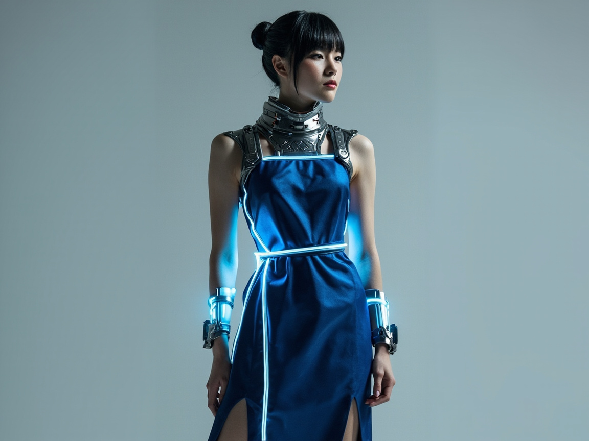 图中展示了一位具有赛博朋克风格的亚洲年轻女性，她正侧头望向右方。她留着带有齐刘海的黑色盘发，面容清秀。她身着一件深蓝色的无袖长裙，裙身上镶嵌着明亮的浅蓝色发光灯条，勾勒出腰部和裙摆的轮廓。她的颈部佩戴着厚重的银色金属护颈，双臂腕部戴着同样带有蓝色冷光的金属护腕。背景是纯净的浅
