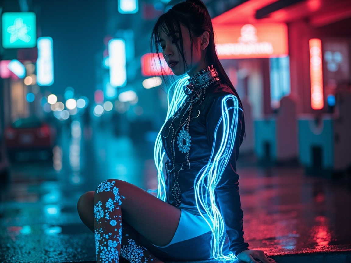 图中展现了一位具有赛博朋克风格的年轻女性，她正侧坐在夜晚潮湿的街道上。画面色彩以冷调的青蓝色和暖调的霓虹红为主，营造出一种科幻电影般的氛围。女性留着黑色长发，低头沉思，身上穿着一件极具未来感的黑色服装，衣服上缠绕着发光的蓝色光纤线条，如同流动的脉络。她的腿部穿着带有白色碎花图案的丝袜，在光影下格外显眼。背景是模糊的城市街景，闪烁着各种颜色的霓虹灯牌和光斑。

在 AI 生成的细节方面，存在一些明显的逻辑缺陷：女性颈部佩戴的金属项圈与衣服的连接处结构模糊，显得不够自然；她右手支撑地面的手指部分显得有些扭曲且比例失调，指尖与地面的接触感较为生硬；背景中的霓虹灯牌文字完全无法辨认，呈现为杂乱的色块。此外，她腿上的碎花图案分布过于均匀且缺乏透视形变，看起来像是直接贴在表面的图层。