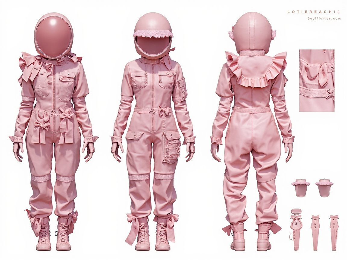 图中展示了一套极具少女感的粉色宇航服设计概念图，背景为纯白色。画面采用了服装设计中常见的三视图构图，从左至右分别呈现了宇航服的正面、侧正面和背面效果，右侧还附带了一些细节放大图和配件展示。整套服装呈现统一的淡粉色，材质看起来像皮革或厚实的尼龙，融合了硬核航天元素与甜美的洛丽塔风格，点缀有大量的蝴蝶结、蕾丝花边和荷叶褶皱。头盔配有粉色半透明面罩，顶部甚至带有蕾丝装饰。

在 AI 生成的细节方面，存在明显的逻辑缺陷：首先是手部处理，三个人物的手指形状都显得扭曲且不自然，指节数量和长度比例失调。其次，服装上的口袋、拉链和缝合线在不同视角下并不一致，部分线条凭空消失或杂乱交织。右上角的文字标签为无意义的乱码字母，且右下角的配件展示区出现了一些结构不明、悬浮在空中的破碎物体，缺乏实际的功能逻辑。