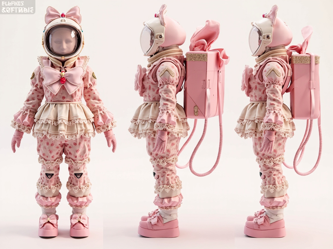 图中展示了一个融合了洛丽塔风格与航天服元素的创意设计，背景为纯净的米白色。画面中共有三个视角的人像：左侧为正面全身像，中间和右侧为侧面视角。这套服装以粉色和米色为主调，布满了细碎的红色花朵图案，并装饰有大量的蕾丝边、蝴蝶结和褶边。头盔呈猫耳形状，顶部饰有粉色蝴蝶结和红色宝石，面罩内隐约可见一张沉静的人脸。背部配有一个粉色的方形背包，连接着波纹状的管线。

在 AI 生成的细节上，存在明显的缺陷：左上角的文字标识模糊不清，呈现出无法辨认的乱码。人像的手部表现异常，手指的结构模糊且比例失调。此外，中间和右侧的两个侧面人像几乎完全一致，这种高度重复揭示了生成算法的局限。服装上的蕾丝纹理在某些褶皱处显得杂乱，缺乏真实的物理垂坠感。