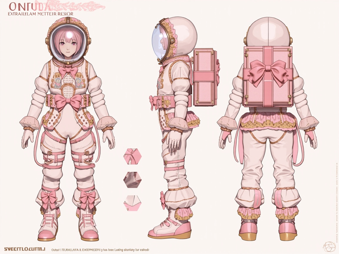 画面中展示了一张融合了洛丽塔风格与科幻元素的宇航服设计概念图。背景为纯净的米白色，主体是一位留着粉色短发的动漫风格少女，分别以正面、侧面和背面的三视图形式呈现。宇航服整体采用柔和的粉色与白色调，装饰有大量的蝴蝶结、蕾丝花边和金色刺绣，背后的生命维持系统被巧妙地设计成了一个带有粉色大蝴蝶结的礼品盒形状。头盔边缘镶嵌着精致的金色花纹，整体风格华丽且富有少女感。

在 AI 生成的细节方面，存在明显的逻辑缺陷：画面顶部的英文字母拼写混乱，无法组成实际单词；人物的手部结构模糊，手指数量和关节连接处显得生硬且不自然；宇航服上的带子和金属扣件在不同视角下的位置并不完全对应，且部分线条出现了无意义的断裂或融合。此外，画面中间的三个六角形细节放大图内容模糊，未能清晰展示其对应的局部结构。