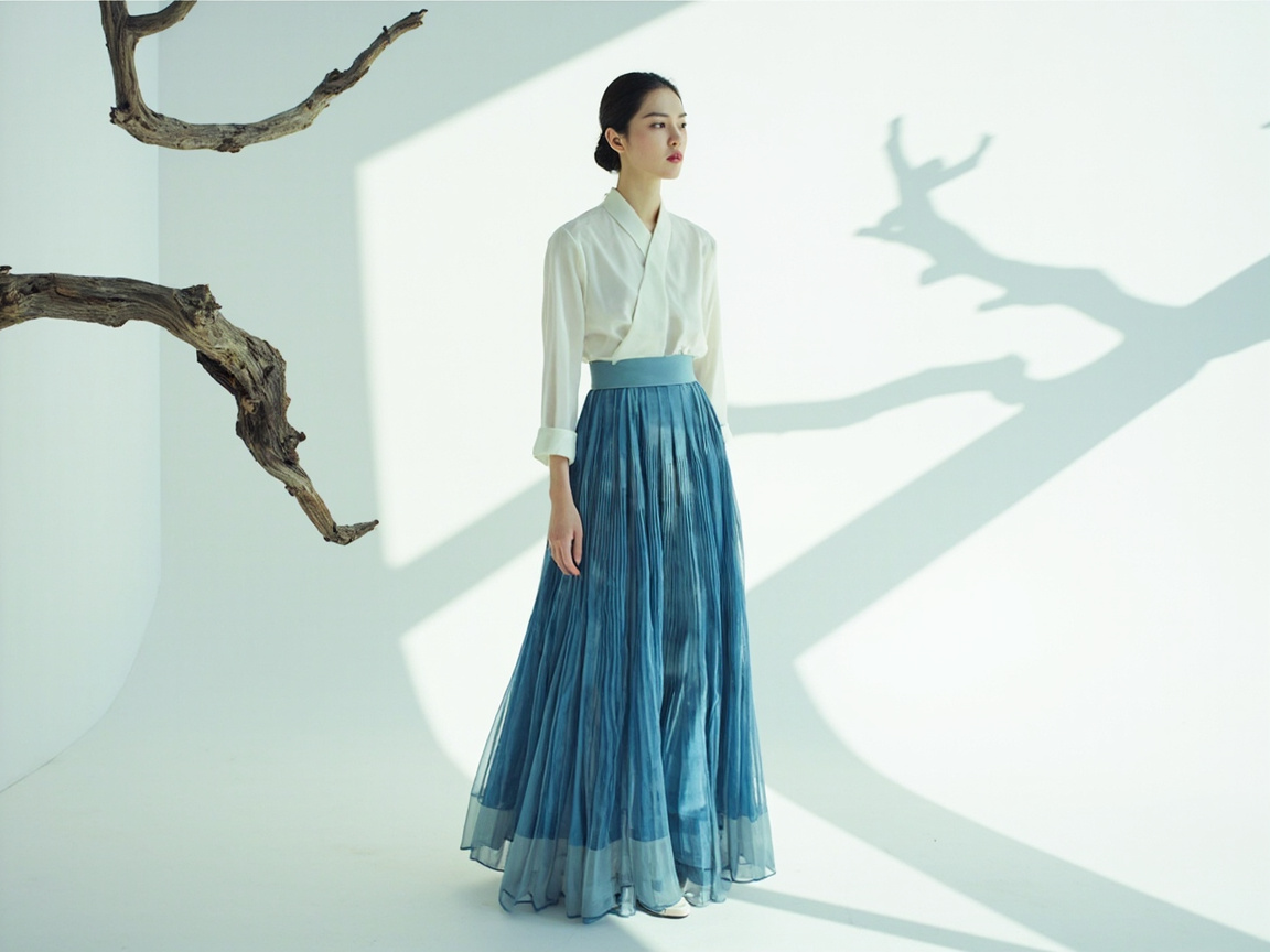 图中展示了一位年轻的亚洲女性，她身着融合了传统与现代风格的服饰，站在一个纯净的白色极简空间内。她上身穿着一件米白色的交领长袖衬衫，下身是一条深蓝色的百褶长裙，裙摆宽大且具有轻盈的质感。女子的发型整齐地向后梳起，神情冷峻地望向画面右侧。画面左侧延伸出几枝干枯的褐色树枝，阳光从侧方照射进来，在洁白的墙面上投射出树枝斑驳且巨大的阴影，营造出一种清冷、高级的时尚氛围。

在 AI 生成的细节方面，存在一些明显的逻辑缺陷：首先，画面左侧的树枝仿佛凭空悬浮在空中，缺乏合理的支撑点或生长根源；其次，墙上的阴影形状与实物树枝的形态并不完全吻合，阴影的透视关系显得有些杂乱；此外，女子的右手手指线条略显模糊且僵硬，指尖的细节处理不够自然，这些都是 AI 在处理复杂光影和人体末端时常见的瑕疵。