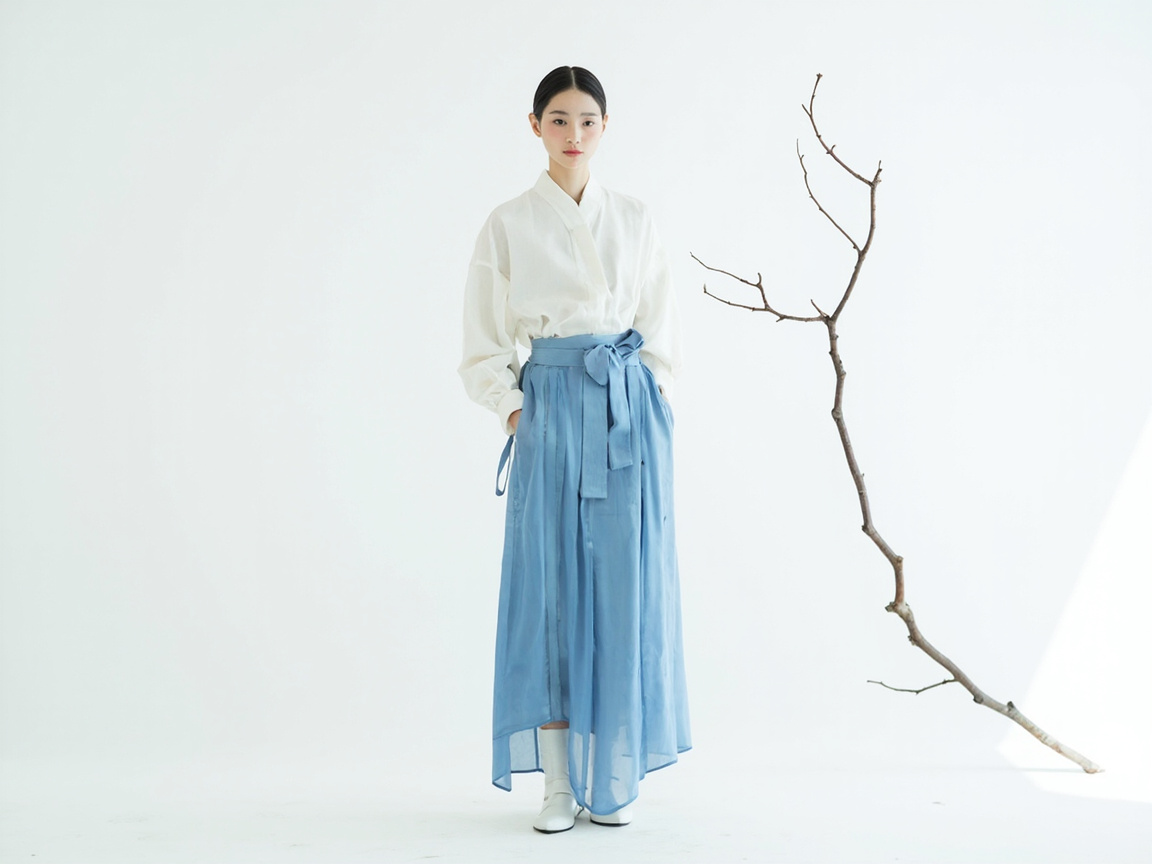 画面中，一位面容清秀、神情淡然的年轻女性站立在纯白色的背景中心。她留着整齐的黑色中分低马尾，身穿一件带有中式立领元素的白色宽松长袖衬衫，下半身搭配一条天蓝色半透明质感的褶皱长裙，腰间系有同色系的蝴蝶结丝带，脚上穿着白色短靴。在她的右侧，斜插着一根干枯的褐色树枝，为简约的画面增添了一丝禅意。整体色调清新、明亮，构图简洁。

然而，画面中存在明显的 AI 生成缺陷：最显著的问题在于人物的手部，她的双手插在裙子两侧，但左侧（观者视角右侧）的手部轮廓模糊，手指与裙摆布料融合在一起，显得极不自然；此外，裙摆下方的双脚透视关系略显僵硬，右脚的鞋尖形状与脚踝的连接处不够协调。树枝的末端在接近地面处也显得有些漂浮，缺乏真实的阴影过渡。