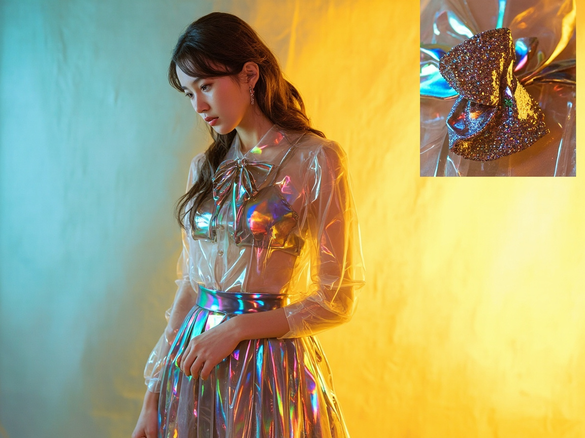 图中展示了一位拥有深色长发的年轻女性，她侧身站立，目光忧郁地看向下方。她穿着一套极具未来感的服装，包括一件透明的塑料质感长袖上衣，内搭一件带有金属光泽的抹胸，下身是一条闪烁着彩色虹光的百褶裙。背景由左侧的冷青色和右侧的暖橙色灯光平分，营造出强烈的色彩对比。画面右上角有一个正方形的局部放大框，展示了衣领处蝴蝶结的亮片细节。在 AI 生成的细节方面，存在明显的逻辑缺陷：女性垂下的右手手指线条模糊且融合在一起，缺乏清晰的关节结构；透明上衣的褶皱与身体的透视关系略显生硬，尤其是腰部与裙子的衔接处显得不够自然。此外，右上角的放大图与主图中蝴蝶结的实际材质和光泽感并不完全匹配，呈现出一种拼贴的不协调感。