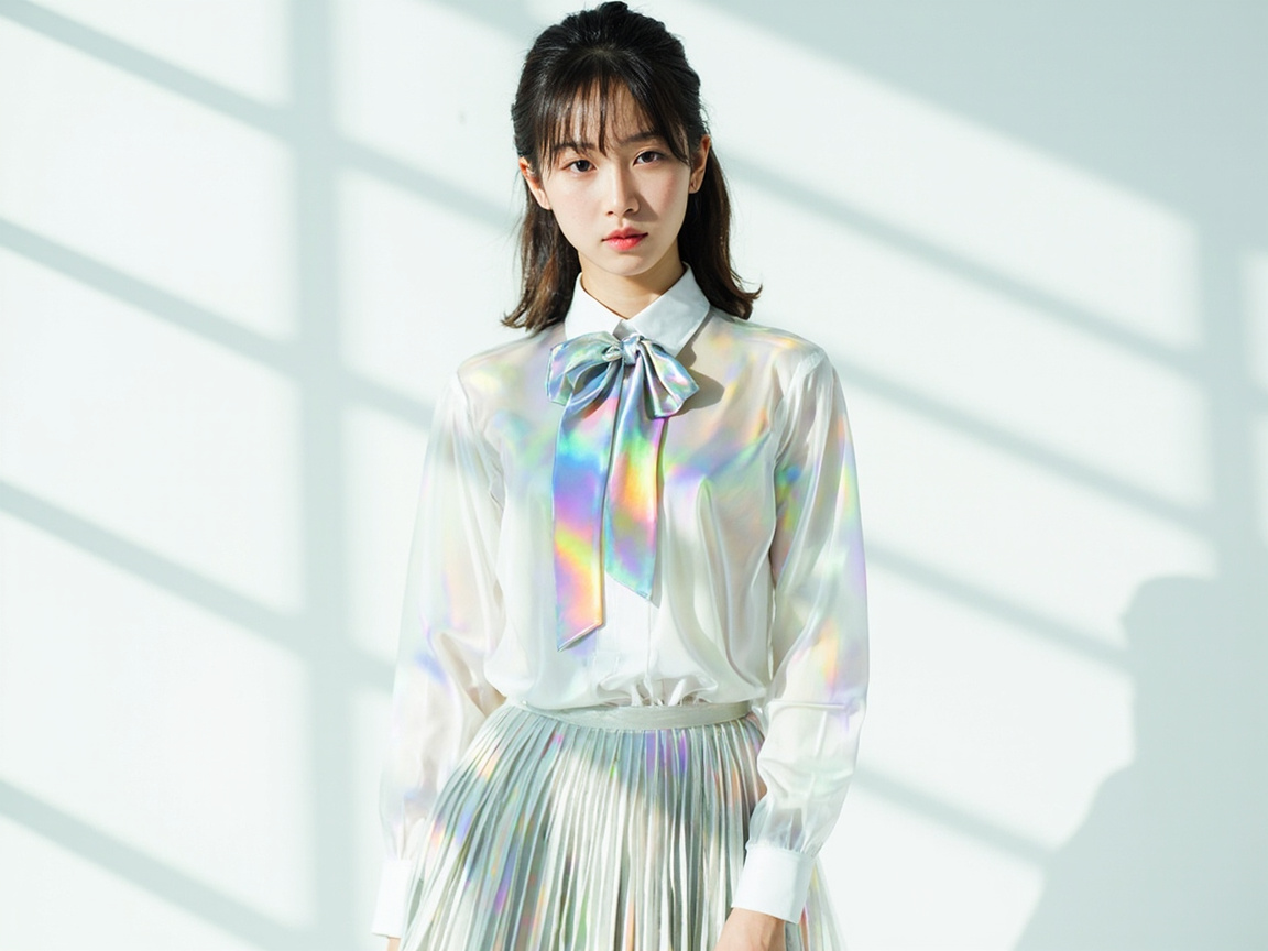 图中展示了一位年轻的亚洲女性，她正对镜头站立在洁白的背景前。阳光透过窗户投射下清晰的斜向条纹阴影，营造出明亮且具有几何感的室内氛围。女子留着深色的半扎公主头，带有空气刘海，神情沉静。她穿着一件极具特色的白色长袖衬衫，领口系着巨大的蝴蝶结，下身搭配百褶裙。整套服装表面覆盖着一层如珍珠母贝般的镭射幻彩色泽，在光影下闪烁着粉、绿、蓝交织的金属质感。构图为中景半身像，色彩清新淡雅。在 AI 生成的细节方面，存在明显的逻辑缺陷：女子的左手（画面右侧）袖口处，手部结构完全缺失，呈现出一种扭曲且不自然的收缩状态；此外，右侧垂下的蝴蝶结飘带与衬衫前襟的融合过于生硬，缺乏真实的物理层叠感。