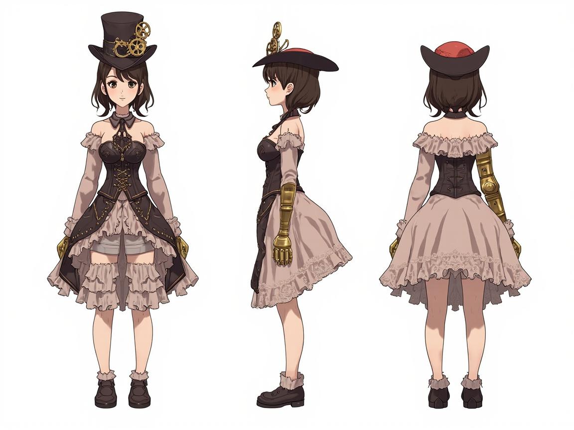 图中展示了一张具有蒸汽朋克风格的动漫少女角色设计三视图，分别从正面、侧面和背面呈现。这位少女留着深棕色短发，头戴一顶装饰有金色齿轮的深色高礼帽。她穿着一套精致的棕褐色调服装，包括露肩的蕾丝边上衣、束腰胸衣以及层叠的荷叶边短裙。特别的是，她的左臂是一只金色的机械义肢，展现了科技与复古的结合。整体色调以咖啡色、米色和金色为主，背景为纯白色，构图整齐清晰。

在 AI 生成的细节方面存在一些明显的逻辑缺陷：侧视图中的帽子形状与正、背面完全不符，从高礼帽变成了扁平的平顶帽；正面视图中，角色的双手呈现为模糊的金色团块，缺乏清晰的手指结构；此外，背面视图中机械臂的位置与侧视图不一致，且裙摆的褶皱纹理在不同角度下缺乏连贯性，存在明显的空间透视错误。