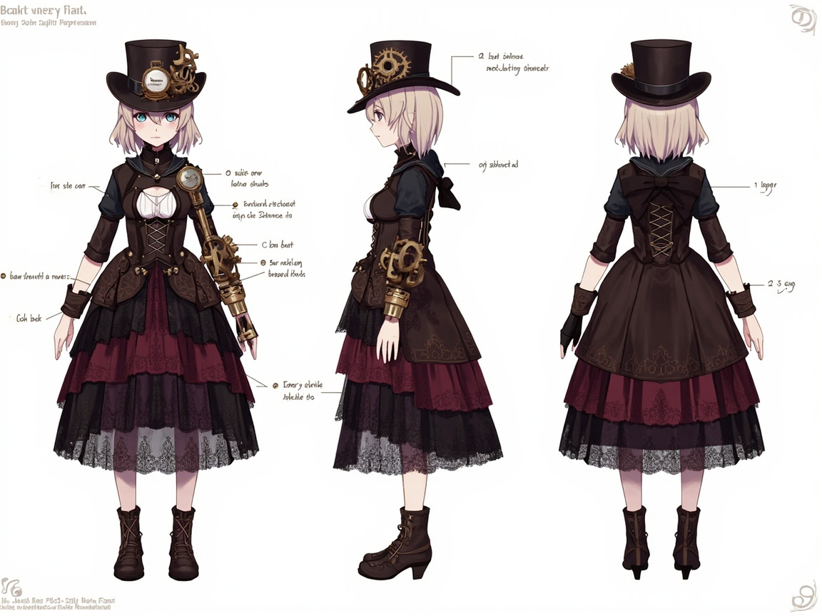 图中展示了一张蒸汽朋克风格的动漫女性角色设计稿，背景为纯白色。画面从正面、侧面和背面三个角度呈现了角色的造型。角色留着浅粉色短发，戴着一顶装饰有齿轮和时钟零件的黑色高礼帽。她穿着深棕色与酒红色相间的哥特式层叠长裙，裙摆带有黑色蕾丝花边，脚穿棕色短靴。最显著的特征是她左臂佩戴着复杂的金色机械义肢，上面布满了齿轮、管道和压力表。画面中散布着一些标注线条和文字。明显的 AI 生成缺陷包括：四周的文字均为无法辨认的乱码字符；正面视图中角色的左手（机械手）手指结构模糊且不完整；侧面视图中机械臂的结构与正面不完全一致；部分标注线条指向不明，且线条末端的圆点分布较为随意。