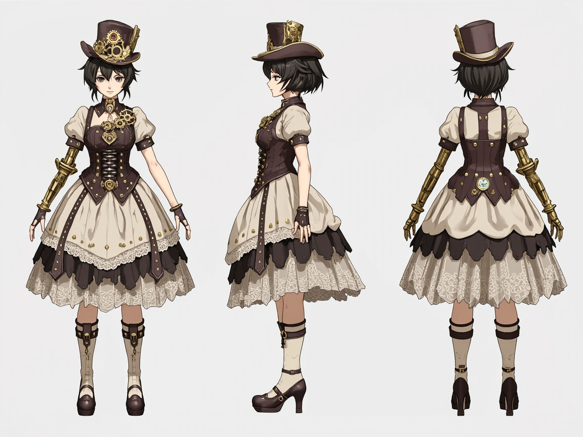 图中展示了一位具有蒸汽朋克风格的动漫少女角色设计稿，分别从正面、侧面和背面三个角度呈现。少女留着黑色短发，头戴一顶装饰有金色齿轮和机械零件的棕色高礼帽。她穿着一套精致的洛丽塔风格连衣裙，配色以棕色、米白色和奶油色为主，裙摆层叠并点缀着蕾丝花边。最显著的特征是她的右臂是一条金色的机械义肢，充满了复杂的关节和管道设计。

画面中存在明显的 AI 生成缺陷：首先，角色的手部结构混乱，正面视角的左手手指长短不一且扭曲，背面视角的机械手掌部分结构模糊，缺乏合理的解剖逻辑。其次，服饰上的机械零件和齿轮显得杂乱，缺乏实际的功能性连接。此外，侧面视角的裙摆边缘与蕾丝纹理衔接生硬，部分线条出现了断裂和重叠，背部腰间的圆形装饰物图案模糊不清，体现了 AI 在处理复杂细节时的局限性。