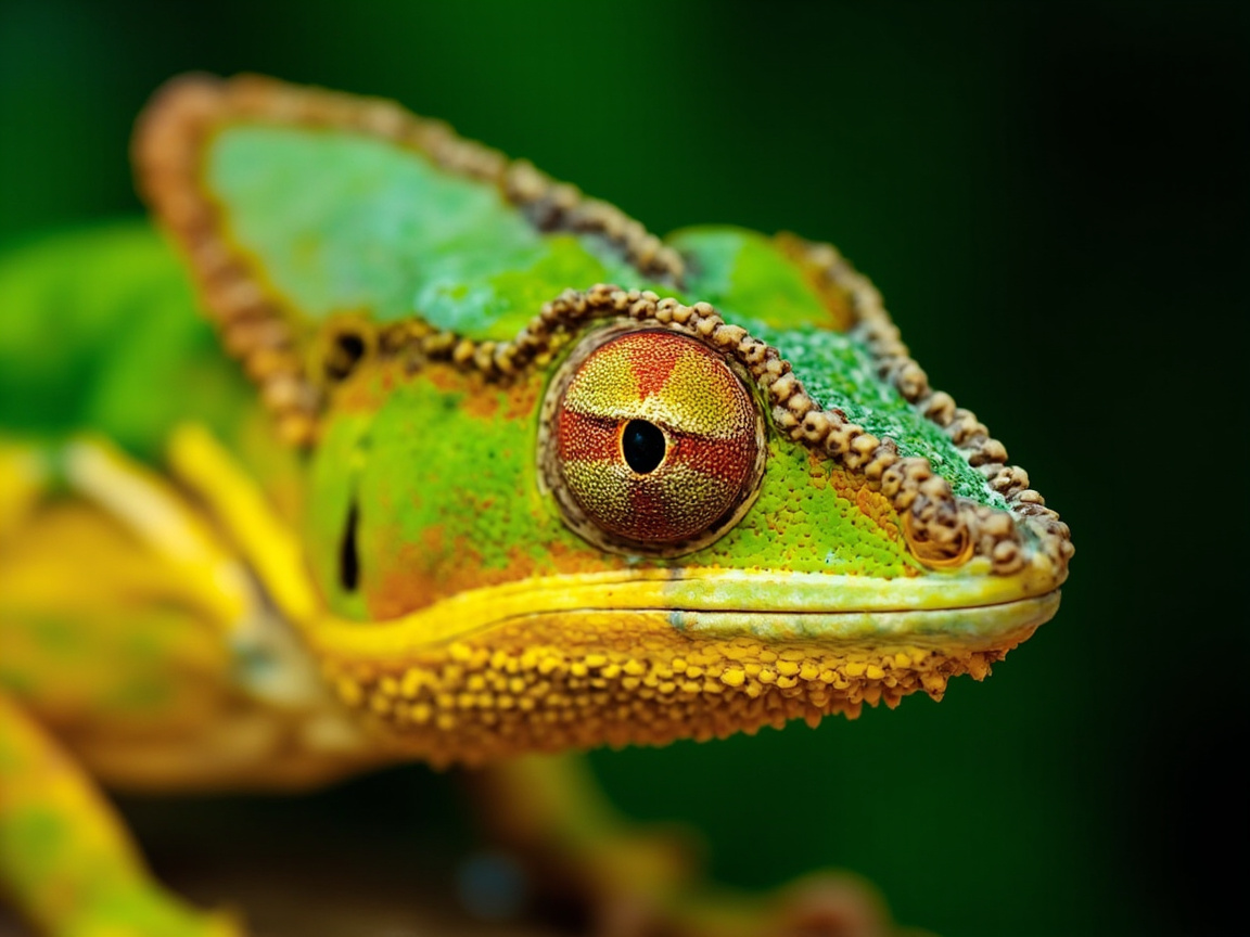 画面中是一张变色龙头部的特写近景照片，背景是深绿色的模糊虚化效果，突显了主体的鲜艳色彩。这只变色龙拥有极其丰富的色调：头顶呈现翠绿色，下颚和颈部转为明亮的柠檬黄，眼睛周围则分布着橙红色的斑块。它那标志性的凸起眼睛位于画面中心，眼球表面覆盖着细密的鳞片纹理，呈现出金红相间的放射状图案，瞳孔深邃。变色龙的皮肤质感粗糙，布满了颗粒状的凸起，头冠边缘有一圈棕褐色的锯齿状突起，细节非常丰富。

然而，画面中存在明显的 AI 生成缺陷。首先，变色龙的眼部结构显得不自然，瞳孔的形状略微扭曲，且眼球表面的纹理过于规整，带有某种数字合成的机械感。其次，头冠边缘的棕色颗粒在左侧显得模糊且排列逻辑混乱，与皮肤的连接处出现了不自然的重影。最明显的异常在于嘴部线条，嘴角处有一条模糊的缝隙，且下颚边缘的黄色颗粒在左下方出现了结构性缺失和透视错误，显得不够真实。