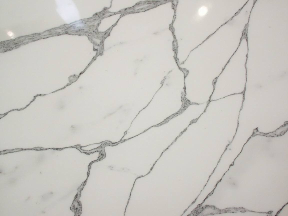 画面中展示了一张近距离拍摄的大理石纹理特写。背景呈现出纯净且带有光泽的白色，表面分布着粗细不一、交错纵横的深灰色纹路。这些纹路如同干枯的河床或树枝，呈现出自然的延伸感，部分线条较粗并带有颗粒状的质感，而另一些则纤细如丝。画面上方可以看到几处明显的圆形亮斑，像是室内灯光反射在光滑石材表面形成的倒影，增强了材质的通透感。从 AI 生成的角度来看，虽然纹理分布大致符合大理石特征，但部分线条的交汇处显得过于生硬，缺乏天然石材那种渐变的过渡感。此外，画面左上角和右上角的反光光点形状过于规则且边缘模糊，显得有些不自然，整体构图虽然简洁，但纹理的重复性略高，缺乏真实石料中随机出现的微小裂隙或矿物杂质。