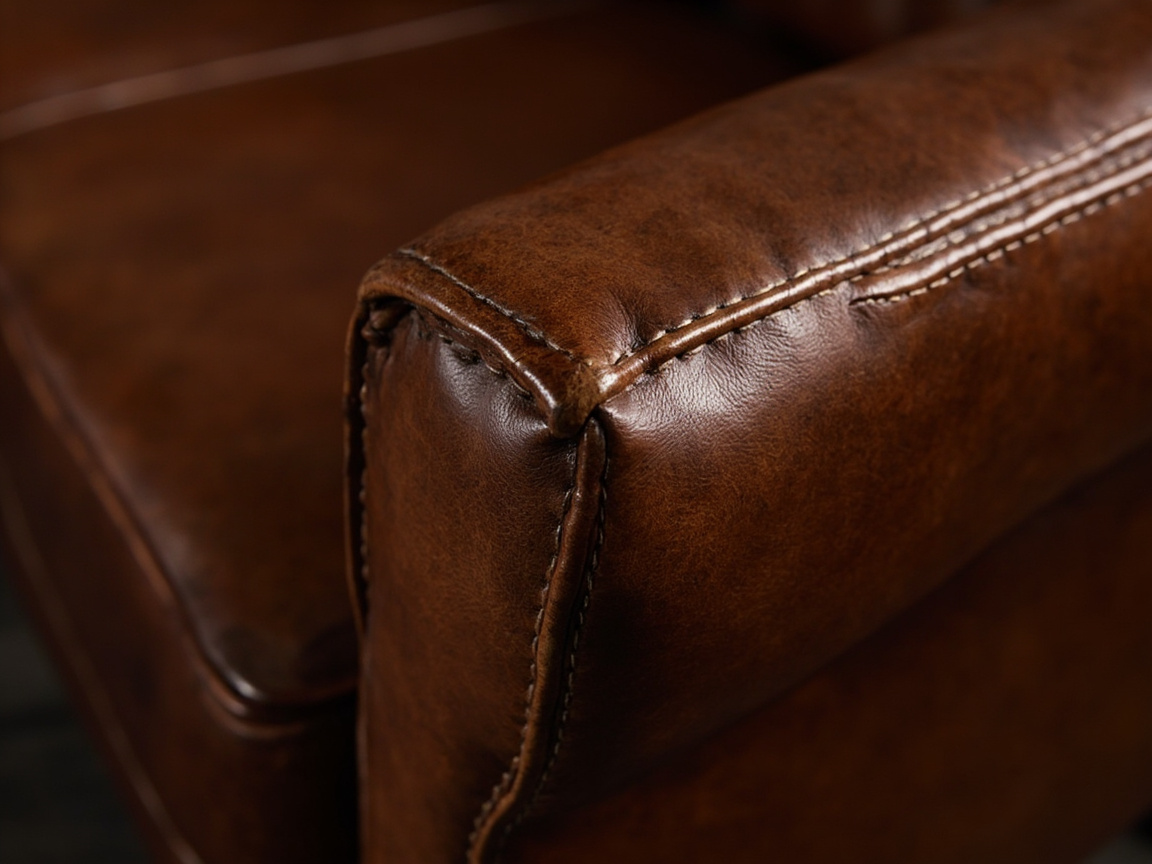 图中展示了一张棕色复古皮革沙发的局部特写，焦点集中在扶手的转角处。皮革呈现出深沉的焦糖色调，表面带有细腻的纹理和自然的磨损感，光泽温润。构图上采用了浅景深效果，前景的扶手缝线清晰可见，而背景的坐垫部分则逐渐模糊。缝线使用了较浅色的粗线，针脚整齐地勾勒出家具的轮廓。

在 AI 生成的细节方面，画面存在一些逻辑上的瑕疵：在扶手顶部的缝线处，针脚的走向在转角位置显得有些混乱，部分线条似乎凭空消失或与皮革纹理不自然地融合。此外，扶手侧面的缝线在向下延伸时，针孔的间距变得不够均匀，且皮革边缘的折叠层次在物理结构上显得略微模糊，缺乏真实皮革缝制时应有的厚度堆叠感。总体而言，虽然质感模拟得非常逼真，但精细的缝纫逻辑仍暴露出 AI 生成的痕迹。