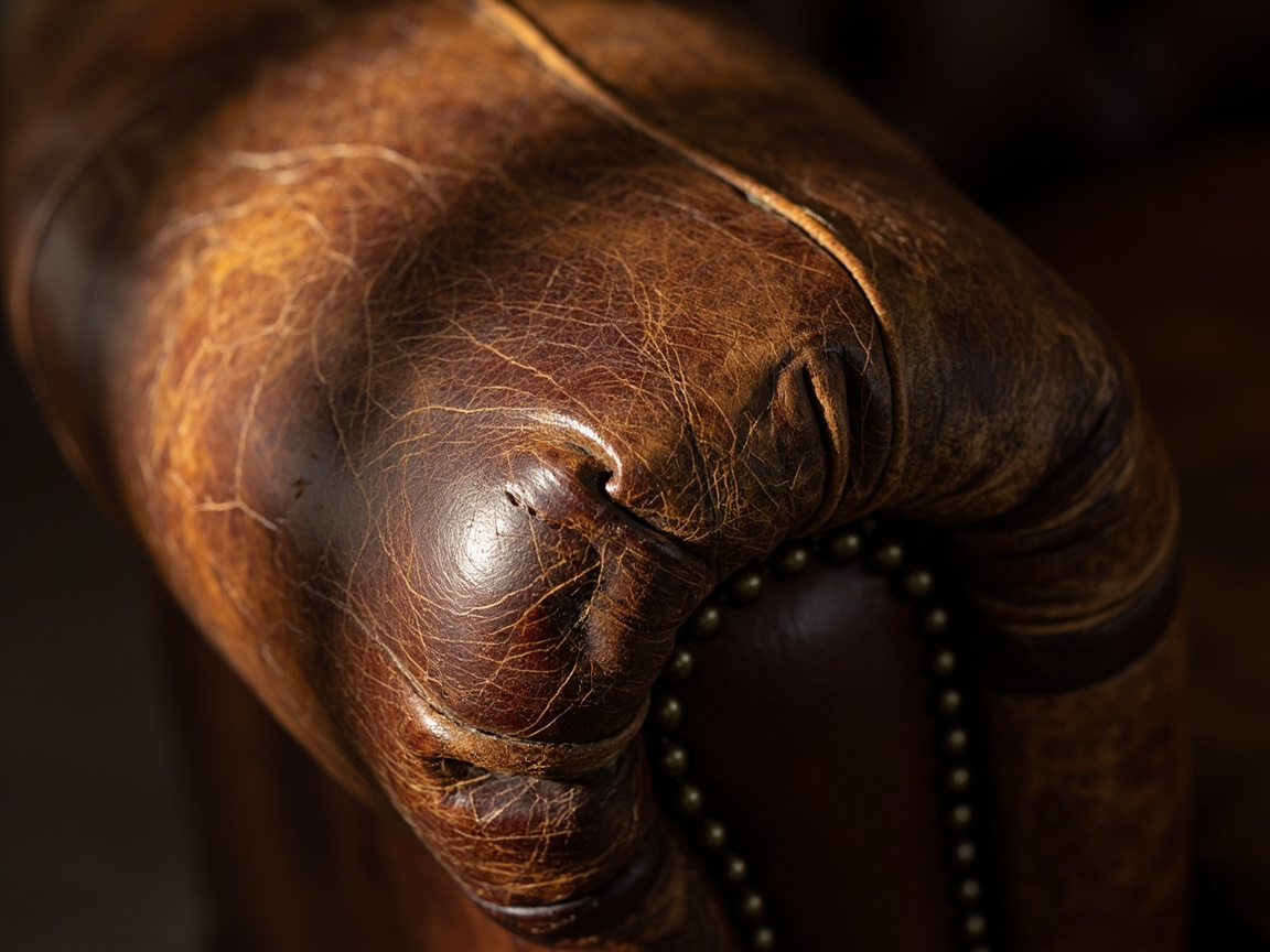 图中展示了一张复古棕色皮革沙发的扶手特写。画面色调深沉且富有质感，光线从左上方照射，勾勒出皮革表面密集的龟裂纹理和磨损痕迹，呈现出一种岁月沉淀的古旧感。扶手的造型圆润厚实，边缘装饰有一圈金属质地的铆钉，增加了古典家具的细节美。构图上采用了极浅的景深，使得背景完全虚化，焦点集中在皮革转折处的褶皱与缝线工艺上。

然而，画面中存在明显的 AI 生成缺陷：在扶手转折的最前端，皮革的纹路与褶皱交织得异常混乱，出现了一些不符合物理逻辑的肉状凸起和扭曲，看起来像是皮肤组织而非工业缝制的皮革。此外，下方那一圈铆钉的排列在阴影处变得模糊且不连贯，部分铆钉似乎直接融入了皮革内部，缺乏真实的结构衔接感。