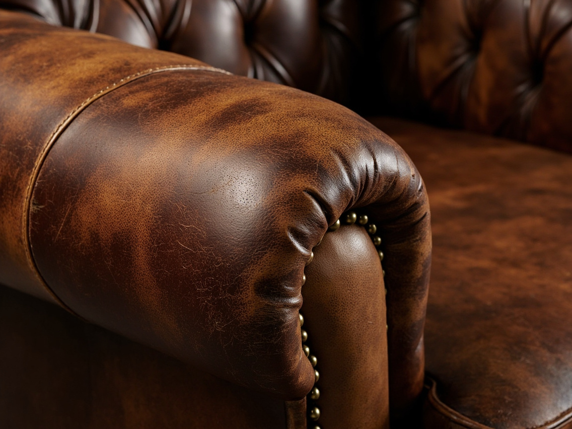 图中展示了一张复古风格棕色皮质沙发的特写局部。画面焦点集中在沙发的左侧扶手上，扶手呈现出圆润的卷边造型，表面覆盖着具有做旧质感的深棕色皮革，能清晰看到细腻的毛孔、自然的褶皱以及轻微的磨损痕迹。扶手的侧面装饰有一排复古的金色圆头铆钉，背景则是带有拉扣设计的靠背，整体色调温暖且富有质感。在构图上，采用大光圈虚化背景，突出了皮革的纹理。然而，画面中存在明显的 AI 生成缺陷：扶手前端的铆钉排列逻辑混乱，部分铆钉像是直接嵌入了皮革褶皱深处，且铆钉的间距极不均匀；此外，扶手卷边内侧的皮革连接处结构模糊，缺乏真实的物理缝合逻辑，导致空间透视显得有些生硬和不自然。