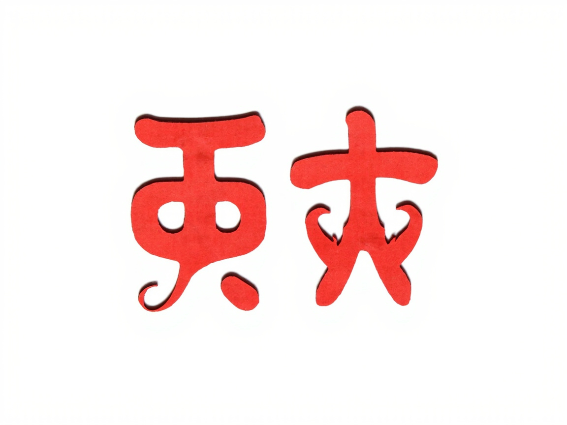 图中展示了两个并排排列的红色剪纸风格字符，背景为纯白色。这两个字符呈现出鲜艳的红色，质感类似于粗糙的纸张或毛毡，边缘略显不平整。构图非常简洁，两个元素居中分布，左右对称感较强。然而，画面中存在明显的 AI 生成缺陷：这两个字符并非真实的汉字，而是由类似汉字笔画的元素随机组合而成的“伪汉字”。左侧的字符看起来像是“更”字与某种符号的扭曲结合，底部带有一个奇怪的卷曲钩状物和一个孤立的点；右侧的字符则像是一个变形的“大”字，但在腰部位置长出了两个对称的向上弯曲的尖角，结构完全不符合汉字的书写逻辑。整体而言，这组图像试图模仿中国传统剪纸艺术，但由于 AI 对文字逻辑的理解偏差，导致生成的文字内容完全错误且无法辨认。