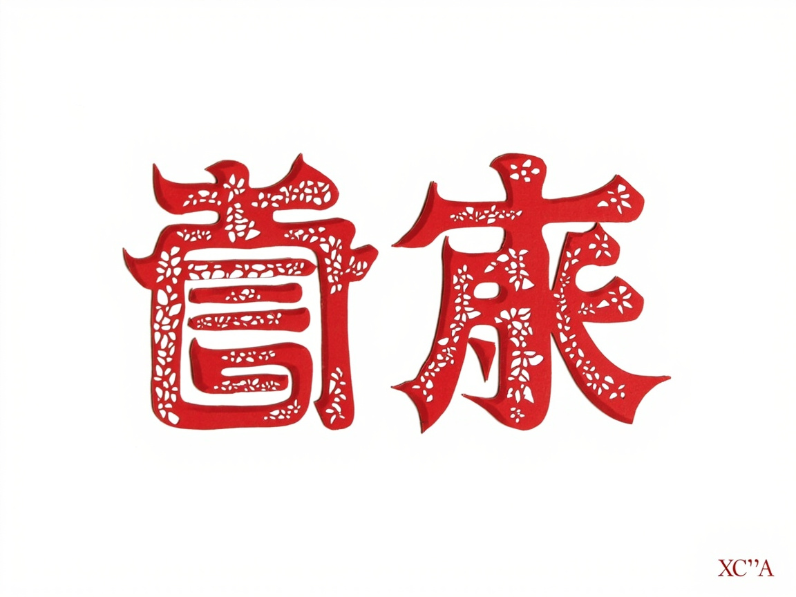 图中展示了两个具有中国传统剪纸风格的红色艺术字，背景为纯白色。这两个字呈现出鲜艳的朱红色，具有一定的厚度和立体阴影效果，笔画内部镂刻着细碎的梅花或花瓣图案，模拟了民间剪纸的精细感。构图上，两个字并排居中，右下角带有红色的英文字母水印。然而，画面存在明显的 AI 生成缺陷：这两个字并非真实的汉字，而是由类似汉字笔画的线条随机组合而成的“伪汉字”，结构混乱，无法辨认出具体的含义。左侧字符的笔画在转折处显得生硬且不合逻辑，右侧字符的结构则完全散乱。此外，笔画内部的镂空花纹分布不均，部分边缘出现了锯齿状的模糊感，缺乏真实手工剪纸的流畅性与连贯性。