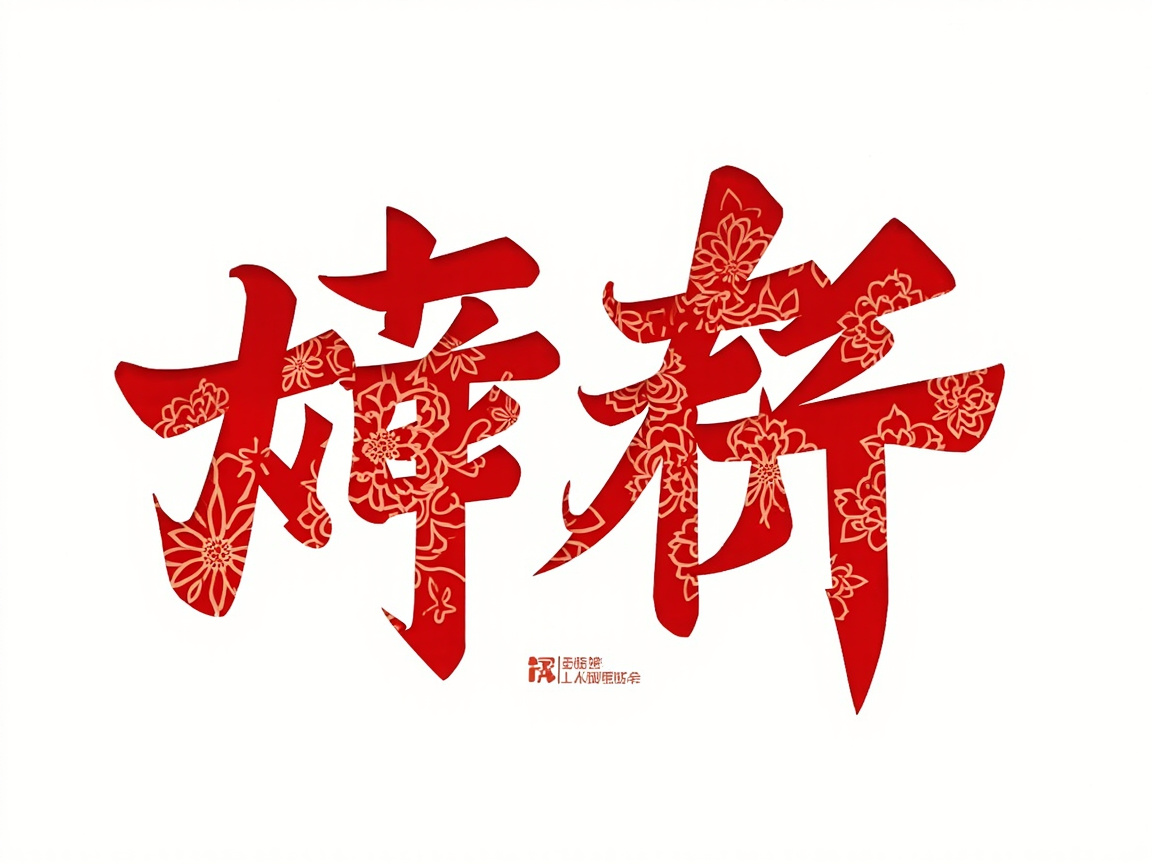 图中展示了两个具有中国传统艺术风格的大型红色汉字，背景为纯白色，构图简洁且视觉冲击力强。这两个字采用了剪纸或木刻的质感，字形厚重，笔画边缘锐利。字体内部填充了精美的金色花卉纹样，看起来像是盛开的牡丹或菊花，展现出浓郁的节日喜庆氛围。在两个大字的下方中心位置，有一个小型的红色印章图案。

从 AI 生成的角度来看，画面存在明显的逻辑缺陷：首先，这两个大字并非标准的汉字，而是由类似汉字笔画组合而成的“伪汉字”，无法辨认其具体含义。其次，下方的红色印章内部文字完全模糊且扭曲，呈现为无意义的线条和乱码，这是 AI 在处理微小文字细节时常见的错误。整体而言，这更像是一件追求视觉美感而非实际文字传达的装饰性艺术品。