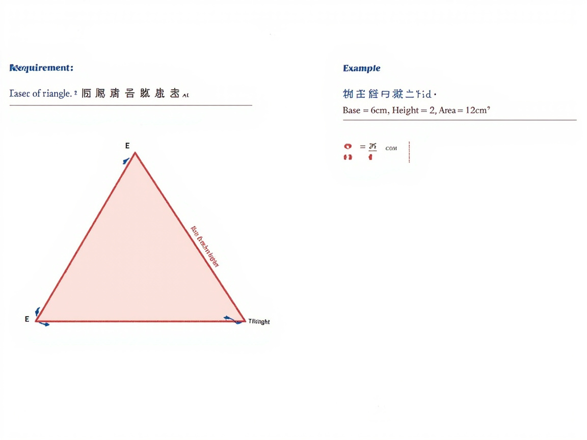 画面中展示了一张模拟数学教学页面的白底图片，主要内容是关于三角形面积计算的练习。左侧占据较大空间的是一个淡粉色填充、红色轮廓的等腰三角形，其顶点和底角旁标注有不规范的字母“E”。右侧上方有“Example”（示例）字样，下方列出了一些数学算式。整张图片构图简洁，模仿了课本或工作纸的排版风格。

然而，画面中存在明显的 AI 生成缺陷，主要体现为文字和逻辑错误：左上角的“Requirement”拼写残缺，下方的英文单词如“Iasec of riangle”拼写错误，且混杂了大量无法辨认的乱码字符。右侧示例中的数学逻辑完全错误，例如写着“Base = 6cm, Height = 2, Area = 12cm²”，忽略了三角形面积需除以 2 的公式。此外，三角形边上的标注文字扭曲且无意义，算式部分的符号也呈现为破碎的图形，缺乏实际的学术参考价值。