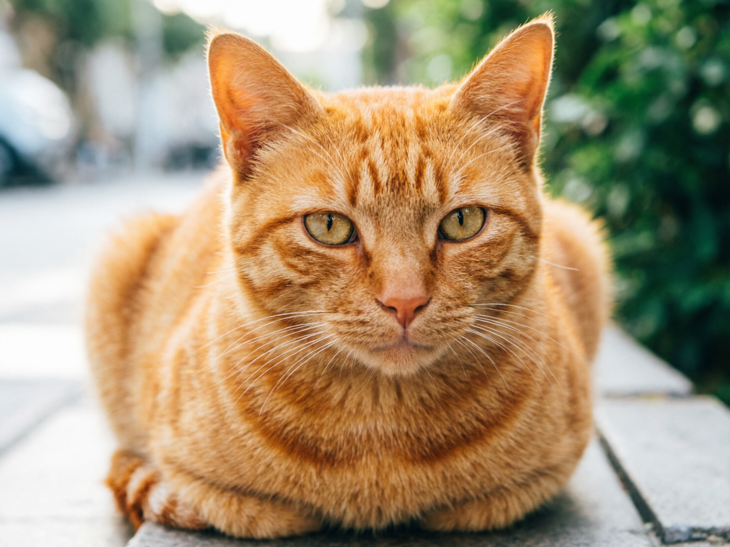 图中展现了一只橘色虎斑猫的近距离正面特写。这只猫正以“农民揣”的姿势趴在室外的灰色石砖地上，身体呈圆润的球状，目光直视镜头，表情显得沉稳而略带严肃。它的毛色呈现出温暖的金橙色，带有深色的条纹，胡须细长且洁白。背景是模糊的街道与绿植，光线柔和，营造出一种午后闲适的氛围。在 AI 生成的细节方面，存在明显的逻辑缺陷：画面左下角猫咪露出的爪子部分结构混乱，脚趾数量和排列方式不符合生物构造，看起来像是一团模糊的肉垫；此外，猫咪胸前的毛发纹理在汇聚处显得有些生硬，缺乏自然的生长层次感。尽管如此，整体画面的色彩饱和度高，猫咪的眼神捕捉得十分生动。
