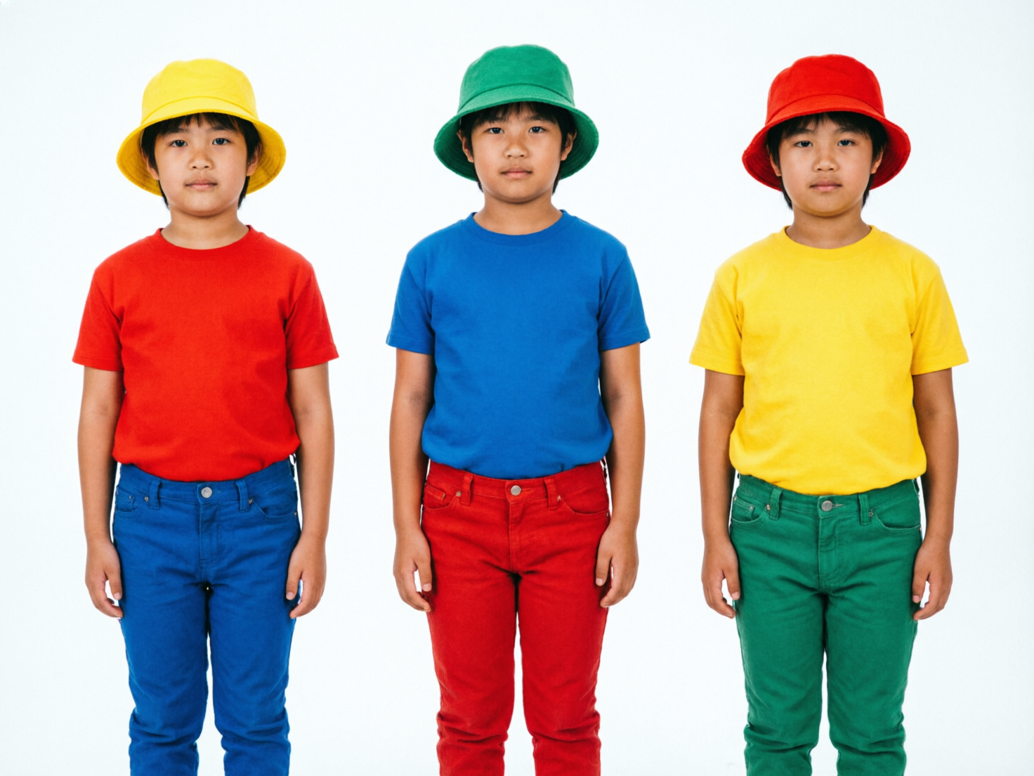 图中展示了三名长相几乎完全相同的东亚男孩，他们并排站立在纯白色的背景前，呈现出一种高度对称的视觉效果。每个孩子都戴着渔夫帽，穿着纯色短袖 T 恤和长裤，全身色彩饱和度极高，采用了红、黄、蓝、绿四种高对比度的原色进行错位搭配。左边的男孩戴黄帽穿红衣蓝裤，中间的戴绿帽穿蓝衣红裤，右边的戴红帽穿黄衣绿裤。构图简洁，光影平整，给人一种明快但略显机械的观感。

画面中存在明显的 AI 生成缺陷：最显著的是手部细节，三名男孩自然下垂的手指都出现了不同程度的结构异常，指缝模糊且长短比例不自然；此外，三人的面部特征过于雷同，仿佛是同一个模版复制而成，缺乏真实人类个体的差异性；衣服的褶皱和裤子的缝线在细节处也显得过于平滑或逻辑断裂，缺乏真实的织物纹理感。