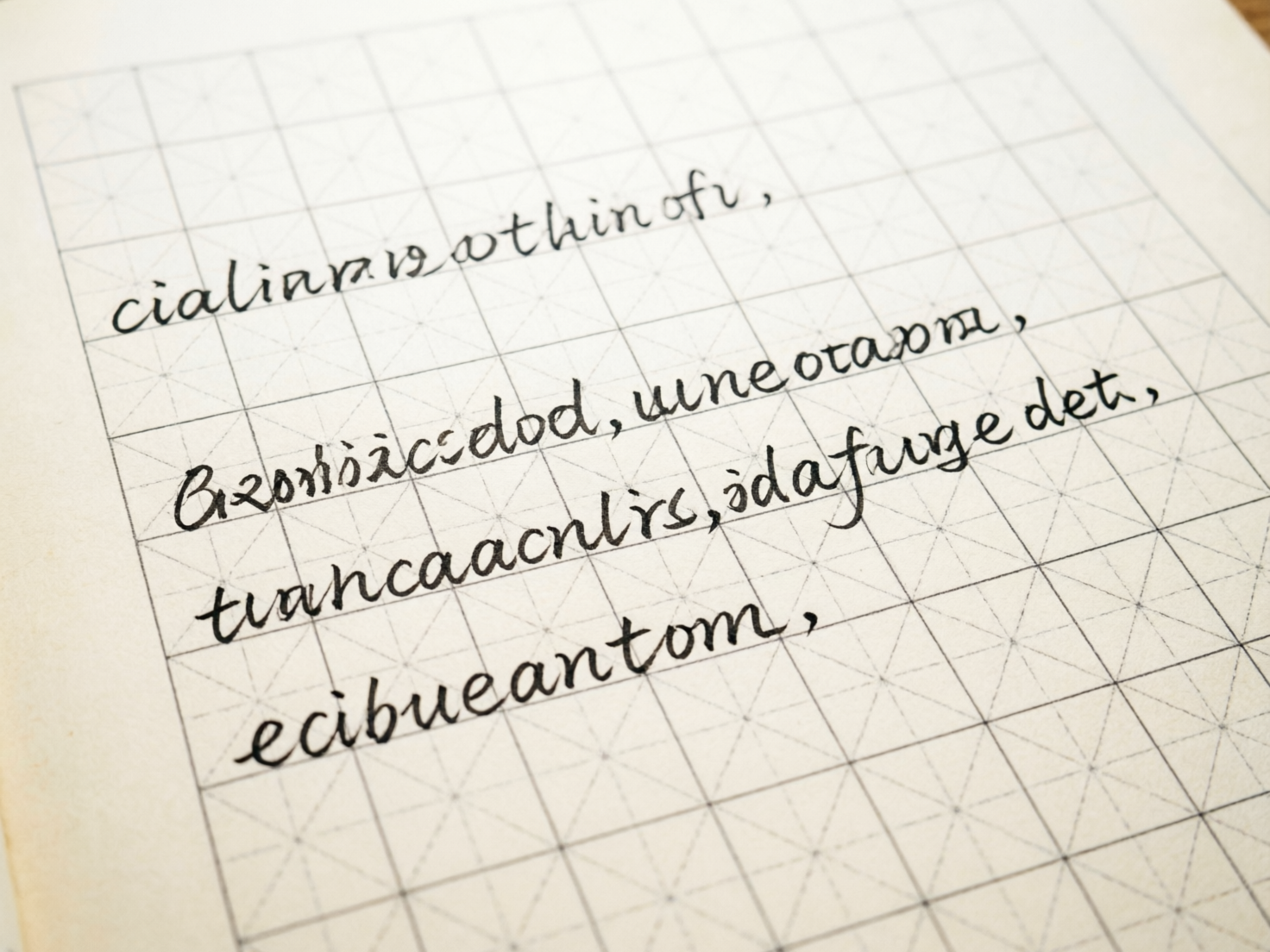 图中展示了一张带有米字格纹理的米白色纸张，纸上写有四行手写体文字。画面采用俯视略带倾斜的角度，光线柔和，呈现出一种复古或练习书法的感觉。文字使用黑色墨水书写，笔触圆润，带有连笔效果。然而，画面存在明显的 AI 生成缺陷：首先，文字内容并非任何真实的语言，而是由杂乱无章、拼写错误的拉丁字母组成的虚假单词，如“cialian”、“ecibueantom”等，完全无法阅读。其次，文字与背景格子的空间关系异常，笔画并未自然地落在格子内，而是随意漂浮在格线上方。此外，背景的米字格线条在边缘处显得模糊且透视不统一，部分线条交汇处出现了逻辑断裂，显示出明显的算法合成痕迹。