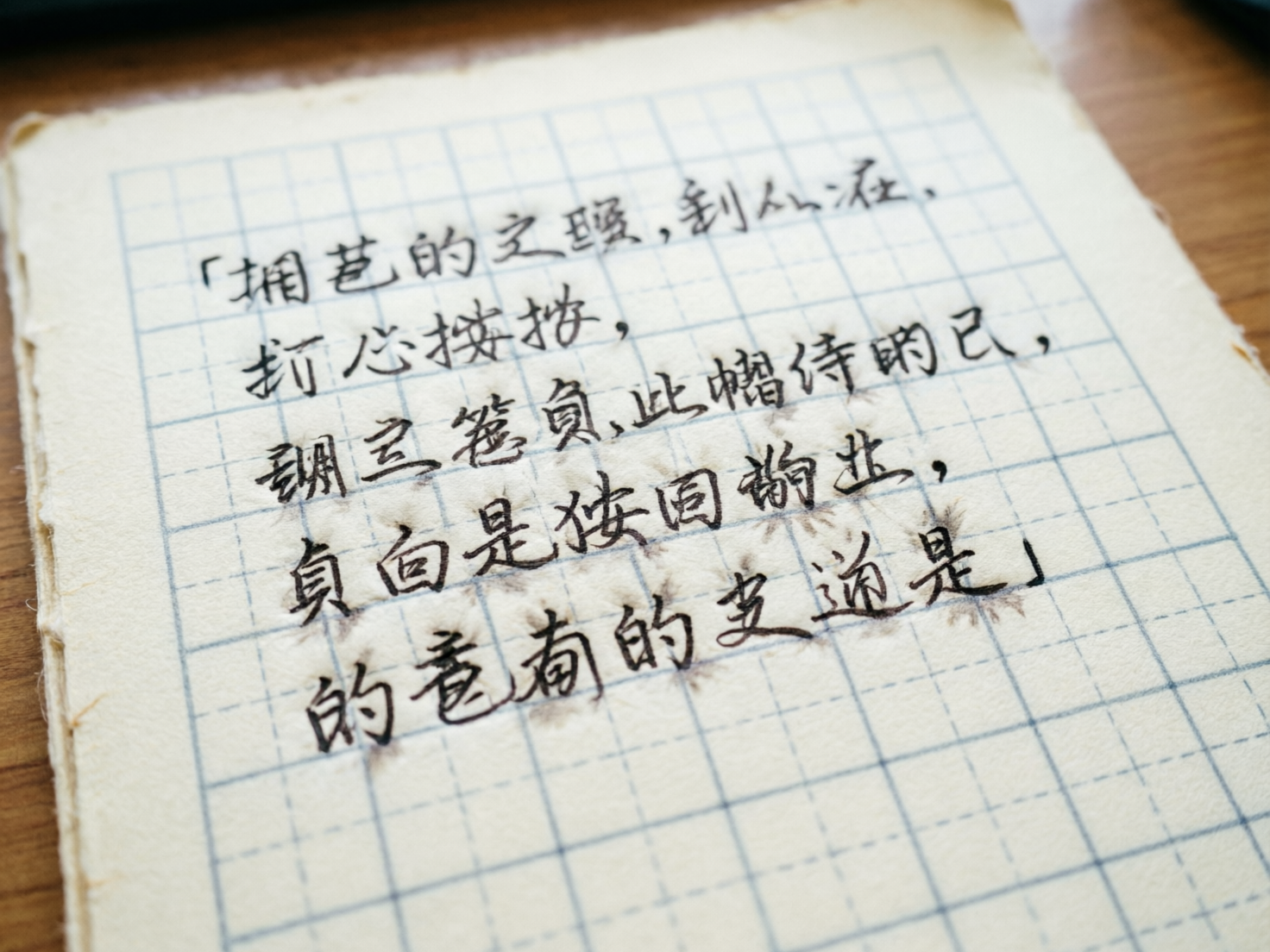 图中展示了一张放置在木质桌面上的复古风格方格纸。纸张呈现出温暖的米黄色，边缘带有不规则的手工撕裂感，上方有用黑色墨水书写的五行手写体文字。画面采用了浅景深效果，焦点集中在文字中心，四周略显模糊，营造出一种怀旧、文艺的氛围。然而，这张图片具有典型的 AI 生成缺陷：虽然字迹看起来模仿了中文书法，但仔细观察会发现，绝大多数文字都是由随机线条组合而成的“伪汉字”，无法组成实际的词汇或句子，逻辑完全不通。此外，部分字迹周围出现了不自然的墨水晕染，像是直接漂浮在纸张纹理之上，且背景的蓝色方格线条在与文字交汇处出现了断裂或扭曲，缺乏真实纸张书写的物理质感。