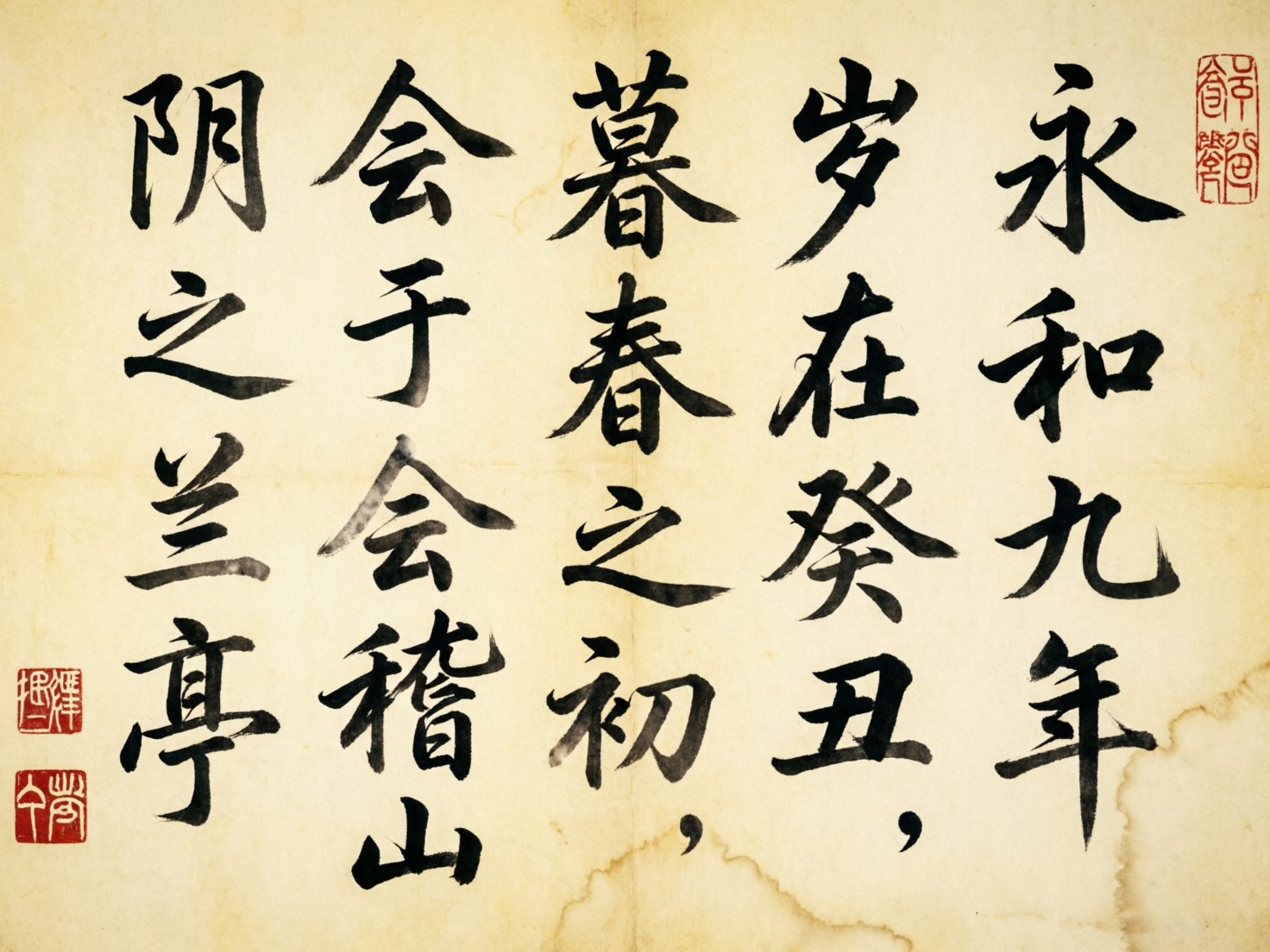 图中展示了一幅模仿中国传统书法作品的画面，背景是带有陈旧感、泛黄且有水渍痕迹的宣纸。画面上从右至左排列着五行黑色的毛笔行书文字，内容试图临摹著名的《兰亭集序》。右上角和左下角分别印有红色的仿古印章。整体构图呈现出一种古朴的艺术风格，墨色浓淡在视觉上模拟了毛笔书写的质感。

然而，作为 AI 生成的图片，画面存在明显的逻辑和文字错误。首先，文字内容出现了严重的乱序和错别字，例如将“岁在癸丑”误写为形似但错误的字符，且部分笔画断裂或粘连，不符合真实书法的运笔逻辑。其次，左下角的两个红色印章纹路模糊，内部文字完全无法辨识，仅具其形而无其实。此外，纸张边缘的水渍分布过于均匀且生硬，缺乏自然渗透的层次感，这些都是典型的 AI 生成痕迹。