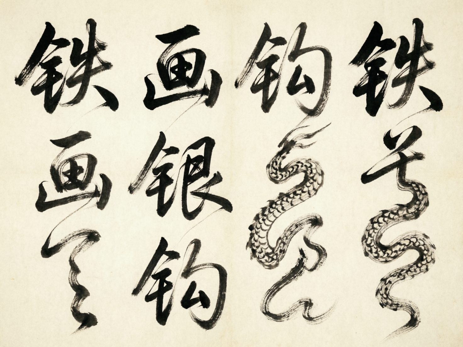 图中展示了一幅仿中国传统书法风格的艺术作品，背景是带有微黄质感的宣纸色调。画面中排列着四列黑色的毛笔字迹，笔触苍劲有力，试图模仿“铁画银钩”的艺术风格。第一列和第二列包含了一些清晰可辨的汉字，如“铁”、“画”、“银”、“钩”等，但排列逻辑较为混乱。第三列和第四列的下半部分逐渐演变成了扭曲的龙形图案，龙身上带有细密的鳞片纹路，将文字与绘画元素结合在一起。

作为 AI 生成的图片，画面存在明显的逻辑缺陷：首先，文字内容重复且无序，并非连贯的词句，部分笔画结构不符合汉字书写规范，显得生硬。其次，书法与龙形图案的衔接非常突兀，龙的身体线条与毛笔书法的自然飞白感不符，显得有些机械。此外，纸张中央有一条垂直的折痕阴影，但两侧的笔墨并没有因折痕产生自然的断裂或变形，透视感略显平面化。