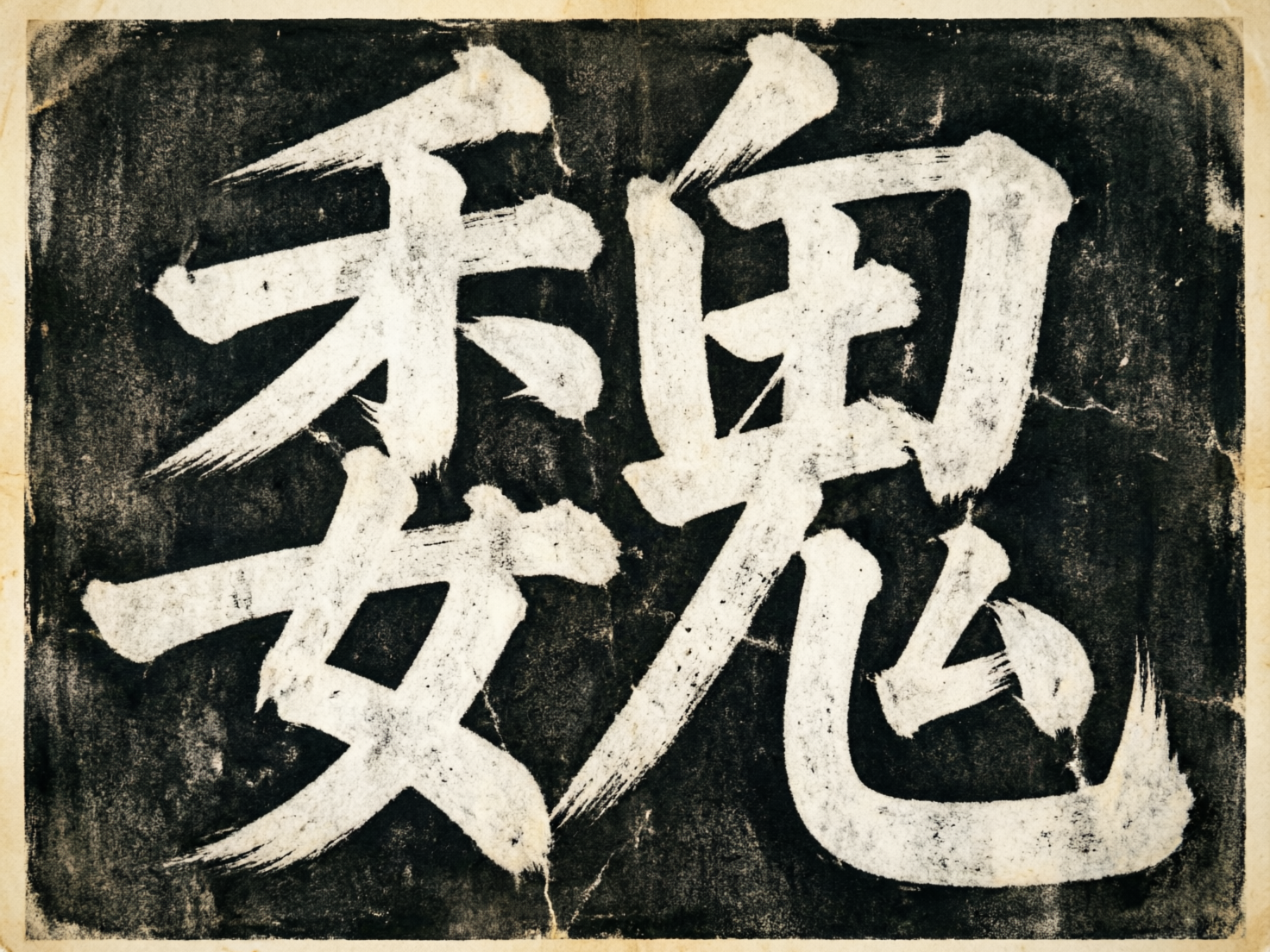图中展示了一幅模仿中国传统书法拓片风格的艺术作品。画面以深黑色为底，中心是一个巨大的、由白色线条构成的汉字，整体呈现出古朴、苍劲的视觉效果。背景带有明显的斑驳质感和褶皱痕迹，边缘呈现出泛黄的旧纸张色调，仿佛是历经岁月的石刻拓印。

从 AI 生成的角度来看，画面存在明显的逻辑缺陷：中间的“汉字”并非现实中存在的真实字符，而是由“魏”、“委”、“鬼”、“安”等多个汉字部件错误拆解并随意堆砌而成的臆造字。左侧结构上半部像“禾”，下半部像“安”；右侧则是一个变形的“鬼”字，且笔画交接处显得生硬、不符合书法运笔逻辑。此外，白色笔触的飞白效果分布不均，部分线条末端出现了不自然的断裂和模糊，显示出 AI 在模拟复杂汉字结构和书法力度感上的局限性。