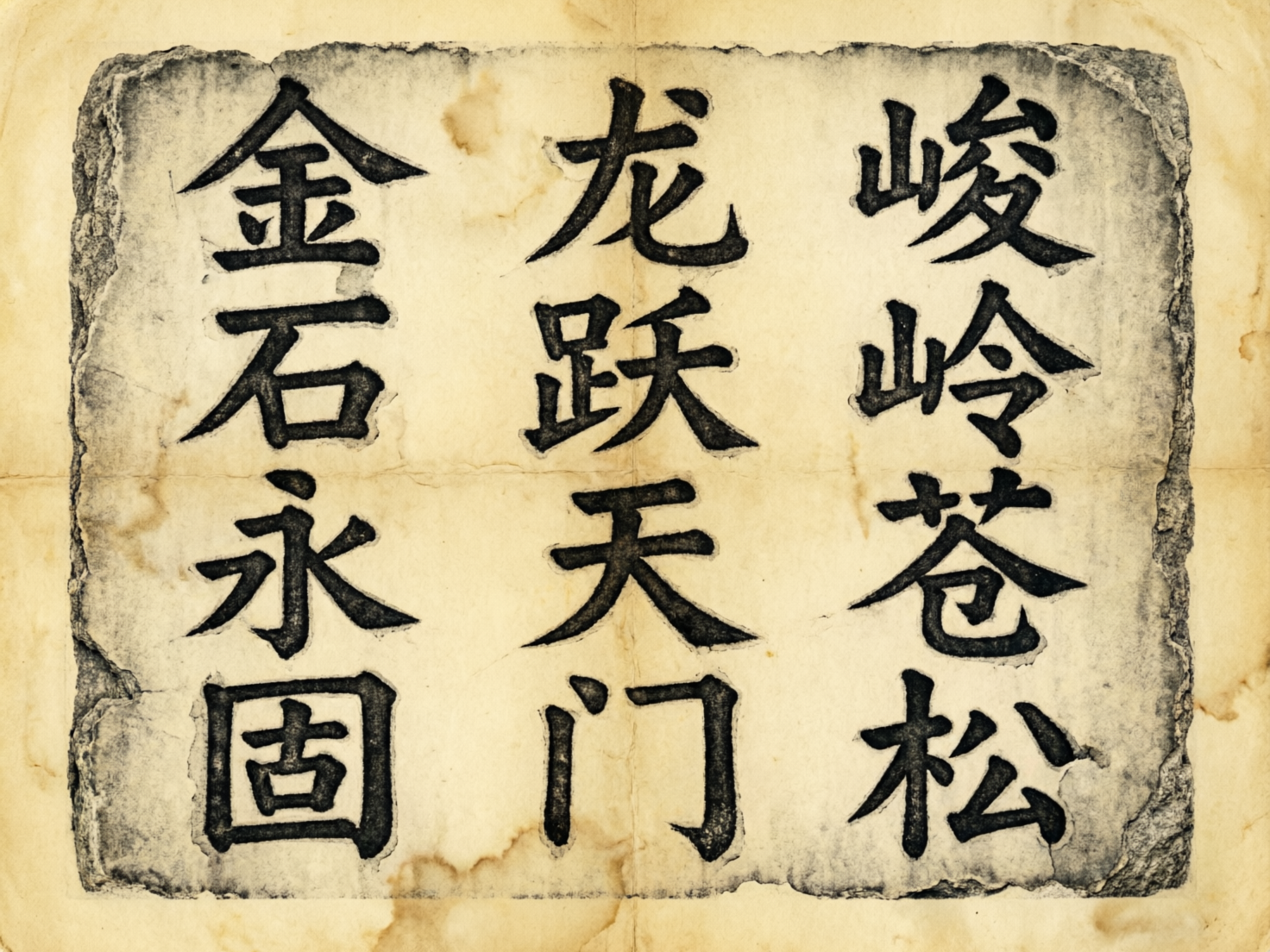 图中展示了一张仿古风格的书法作品，整体色调呈现出泛黄、陈旧的纸张质感，带有明显的褐色水渍和折痕。画面中央是一块边缘破碎、具有石刻纹理的灰白色区域，其上竖向排列着三行黑色的楷书汉字。从右至左依次为“峻岭苍松”、“龙跃天门”和“金石永固”。字迹浑厚，模仿了碑刻拓片的视觉效果。

然而，作为一张 AI 生成的图片，画面中存在明显的文字和逻辑缺陷。首先，“峻岭”的“峻”字左侧山字旁与右侧部件重叠异常；“苍”字的草字头与下方结构连接生硬；“龙”字和“跃”字的笔画在细节处有不自然的扭曲。最明显的 AI 痕迹在于文字的排版与边缘处理：文字仿佛是直接“贴”在石刻纹理上的，缺乏真实拓片中那种凹凸感与墨色渗透的自然过渡，且背景纸张的破损边缘过于规则，显得不够真实。