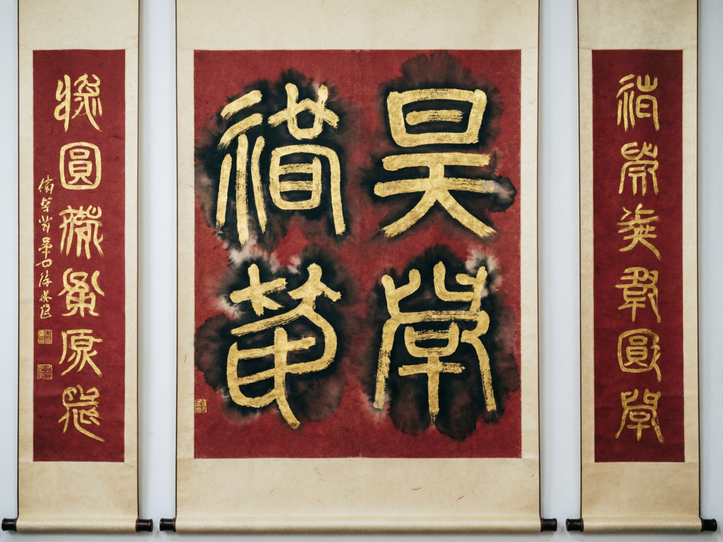图中展示了三幅并排悬挂的中国传统书法卷轴，整体色调以古朴的暗红色、米黄色和金色为主。中间的卷轴较宽，左右两侧为较窄的对联式卷轴。所有卷轴均采用红底金字的配色，金色笔触带有明显的厚重质感和金属光泽，文字周围伴有墨迹晕染的视觉效果，增添了一份古意。画面构图对称，背景为简洁的浅灰色墙面。

然而，作为 AI 生成的图像，画面存在明显的逻辑缺陷：卷轴上的文字并非真实的汉字，而是由类似汉字偏旁部首随机组合而成的伪字符，完全无法辨认和阅读。此外，左侧卷轴上的落款小字和印章显得模糊且结构混乱，缺乏真实书法作品的严谨性。卷轴底部的木质轴头在排列上略显生硬，透视关系虽基本正确，但文字的笔画逻辑并不符合书法运笔的规律。
