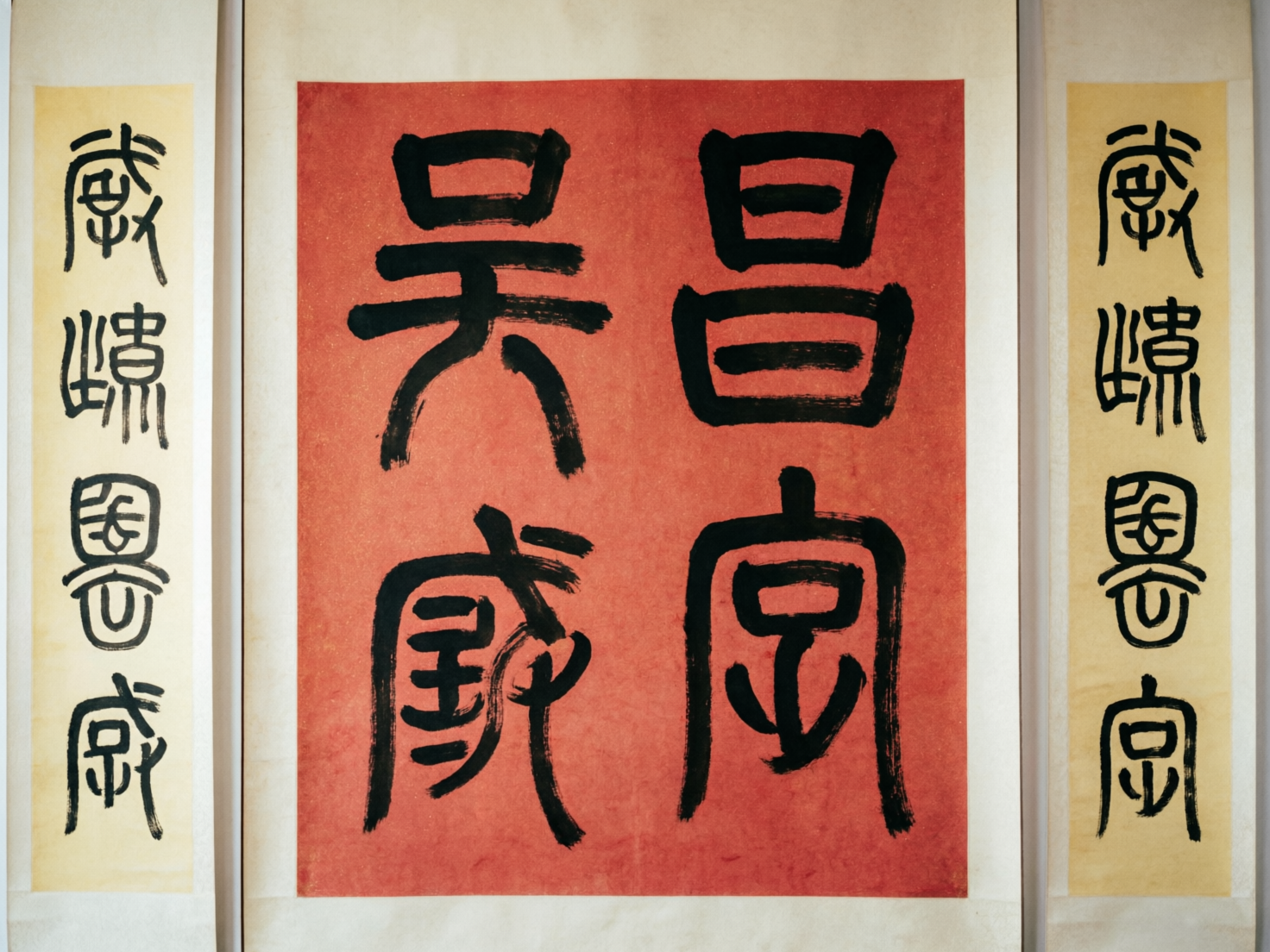 图中展示了一幅模仿中国传统书法风格的卷轴作品。画面中心是一张醒目的红色矩形纸张，上面用粗犷的黑色墨迹书写了四个大字，排列为两行两列。红纸左右两侧各有一条淡黄色的长条形纸张，上面分别竖向书写了四行较小的黑色字符。整体构图对称，色彩对比强烈，呈现出一种古朴的艺术氛围。

然而，这幅画作存在明显的 AI 生成缺陷，主要体现在文字内容的逻辑性上。画面中的所有字符虽然在笔触和结构上模仿了汉字（尤其是隶书或篆书的风格），但实际上全都是无法辨认的“伪汉字”。这些字符的笔画杂乱、结构扭曲，并不具备真实的语义，属于典型的 AI 对汉字形体误解而生成的乱码符号。此外，左右两侧长条上的文字完全一致，这种机械的重复也暴露了其人工合成的痕迹。