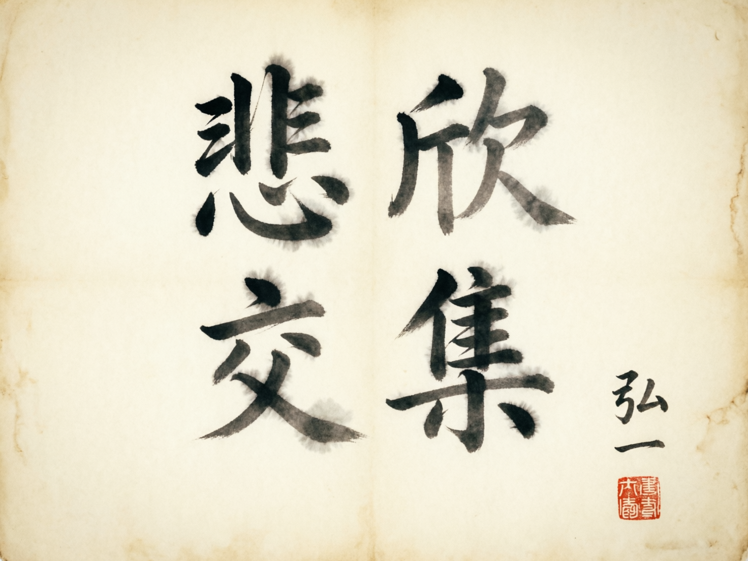 图中展示了一幅模仿中国传统书法风格的作品，背景是带有泛黄质感、边缘有轻微水渍和折痕纹理的宣纸，色调古朴。画面中心用黑色水墨书写了四个大字，排列成两行两列，试图呈现成语“悲欣交集”。右下角有较小的“弘一”落款以及一枚红色的方形印章。

然而，这幅画作存在明显的 AI 生成缺陷。首先是文字错误：左上角的“悲”字下半部分结构模糊，右上角的“欣”字右侧偏旁结构生造，左下角的“交”字笔画扭曲，右下角的“集”字下半部分也并非标准汉字结构。其次，书法线条缺乏真实的运笔逻辑，墨色晕染显得生硬且不自然。右下角的红色印章内容完全是随机的线条组合，并非真实的汉字篆刻。整体构图虽然模仿了弘一法师的简淡风格，但细节上的文字谬误使其失去了书法艺术的严谨性。