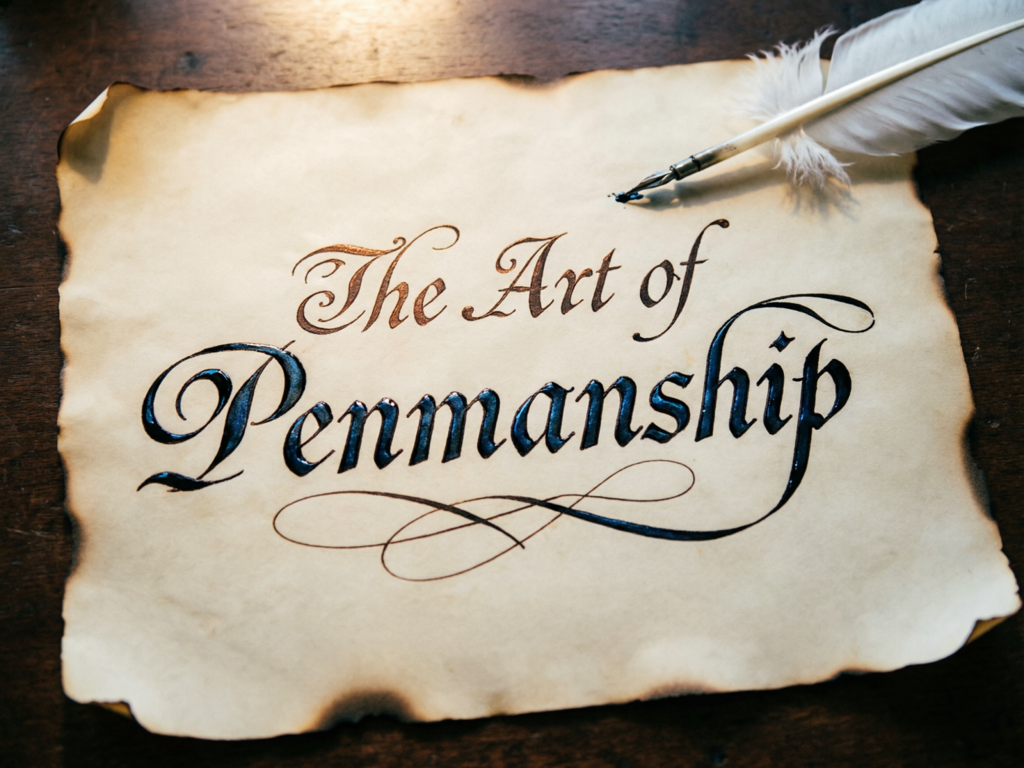 图中展现了一张放置在深色木质桌面上的复古羊皮纸，纸张边缘带有明显的焦灼痕迹，呈现出古旧的质感。纸上用精美的花体书法书写着英文“The Art of Penmanship”（书法艺术），字体线条流畅，带有深蓝色的墨水光泽。右上角斜放着一支带有白色羽毛的羽毛笔，笔尖正对着纸面。整体色调温暖且富有古典气息，光线从左上方投射，营造出一种静谧的创作氛围。

在 AI 生成的细节方面，存在一些逻辑和透视上的瑕疵：首先，羽毛笔的笔尖结构显得有些生硬，金属部分与羽毛杆的连接处缺乏自然的过渡；其次，笔尖下方虽然有一个墨点，但其位置与笔尖的指向并不完全吻合，显得有些悬浮；此外，单词“Penmanship”下方的装饰性线条虽然华丽，但其走向与字母末尾的连接逻辑略显混乱，部分线条在交叉处出现了不自然的融合，这是 AI 在处理复杂曲线时常见的透视与结构错误。