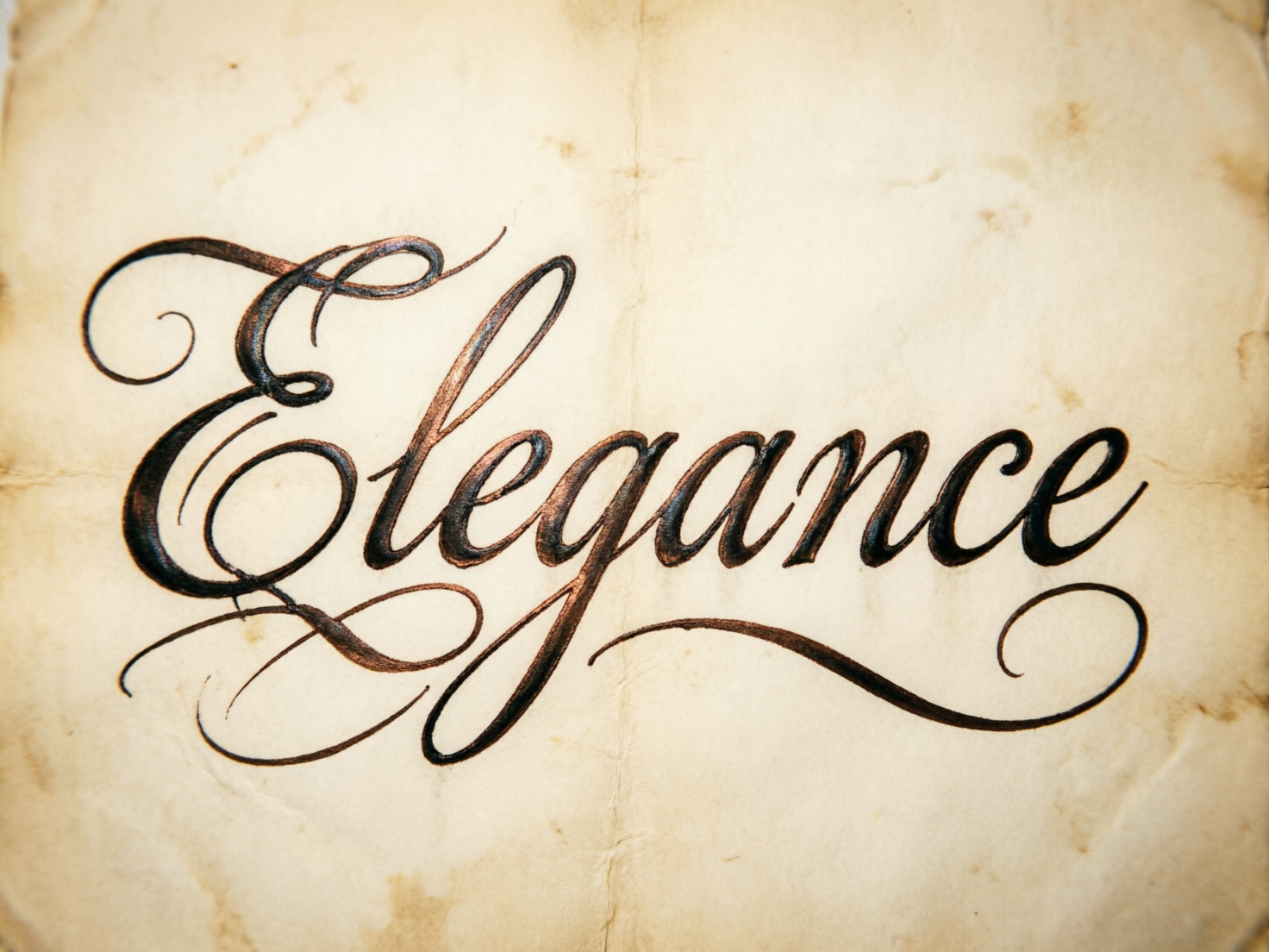 图中展示了一张具有复古质感的米黄色旧纸张，纸张中心书写着英文单词“Elegance”（优雅）。字体采用了华丽的铜版体书法风格，线条流畅且带有丰富的装饰性曲线，墨色呈现出深棕色至黑色的渐变，并带有金属般的质感。背景纸张布满了不规则的褐色斑点、褶皱和磨损痕迹，营造出一种历史悠久的手稿氛围。构图简洁，文字居中，视觉重心集中在书法艺术上。作为 AI 生成的图像，画面中存在明显的逻辑缺陷：单词“Elegance”的拼写虽然基本正确，但字母之间的连接逻辑显得混乱，特别是首字母“E”的装饰线条与后续字母的衔接处出现了多余且不自然的交叉重叠；此外，纸张正中央有一条垂直的折痕，但文字的墨迹却完美地跨越了折痕而没有任何断裂或物理变形，这违背了真实纸张书写的物理规律。