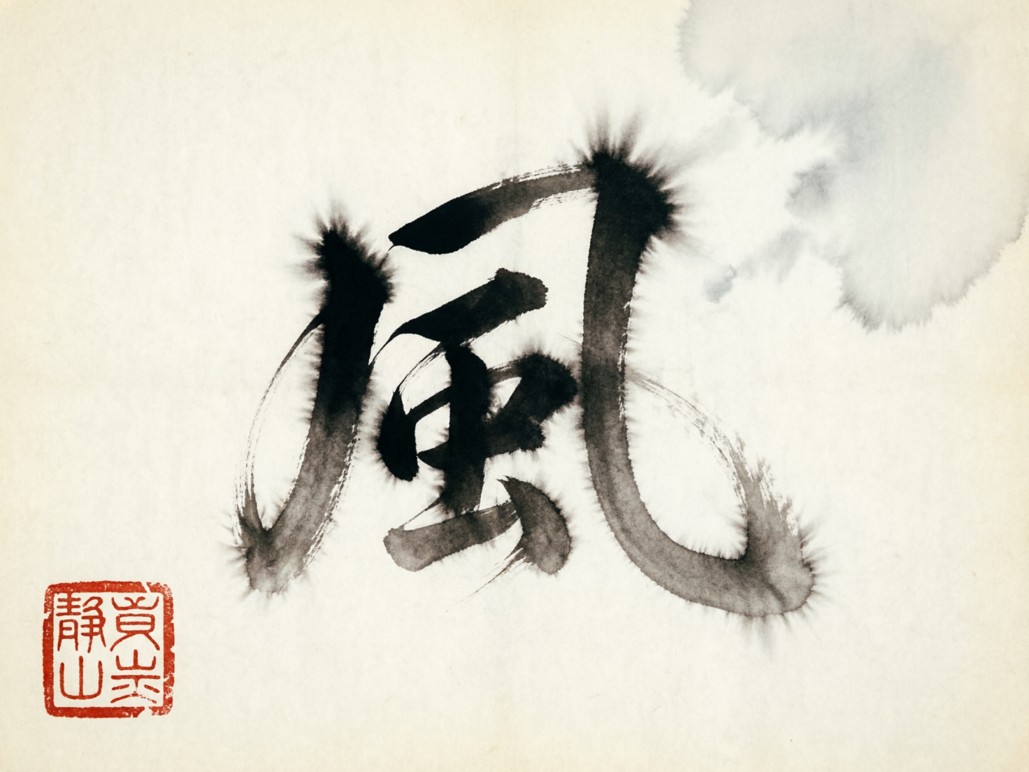 图中展示了一幅模仿中国传统水墨书法风格的作品。画面中心是一个巨大的繁体“風”字，书写在带有淡黄色纹理的宣纸背景上。墨色浓淡相间，笔触边缘呈现出明显的放射状水墨晕染效果，仿佛风在吹动墨迹，极具动感。右上角有一团淡灰色的水墨晕染，像是一朵虚化的云。左下角盖有一枚红色的方形仿古印章。

然而，作为 AI 生成的图片，画面存在明显的逻辑缺陷：首先，中心繁体“風”字的内部结构发生了严重的笔画扭曲和堆叠，不符合汉字书写的规范，看起来更像是随机组合的墨块；其次，左下角的红色印章文字完全无法辨识，属于 AI 随机生成的乱码符号，且印章的边缘质感过于生硬，缺乏真实篆刻的自然崩裂感；最后，墨迹边缘的放射状线条过于均匀且密集，带有明显的数字滤镜痕迹，失去了传统书法中自然干湿浓淡的变化。