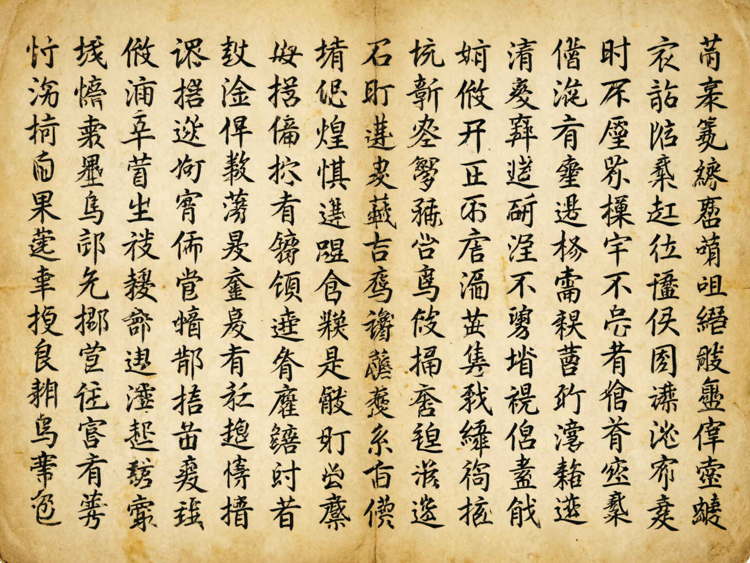 画面中展示了一张仿古风格的书法作品，背景是带有褶皱感、泛黄且布满细微斑点的陈旧纸张，色调呈现出温暖的古朴质感。纸上排列着整齐的竖行文字，字体模仿中国传统的行楷书风，笔画粗细有致，墨色浓郁。

然而，这张图片具有明显的 AI 生成缺陷。虽然文字在视觉上非常接近真实的汉字，但仔细观察可以发现，绝大多数字符都是由随机笔画堆砌而成的“伪汉字”，并不具备实际的字义，结构也多有扭曲和重叠。此外，画面中央有一条纵向的模糊折痕，但两侧文字的排列过于完美对齐，缺乏真实手书在折痕处应有的自然偏移或墨迹渗透。整体构图虽然模拟了古籍书页，但文字内容的逻辑缺失是其最显著的 AI 特征。